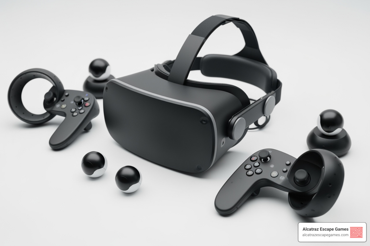 VR hardware including a headset, two hand controllers, and tracking sensors - how do vr escape rooms work