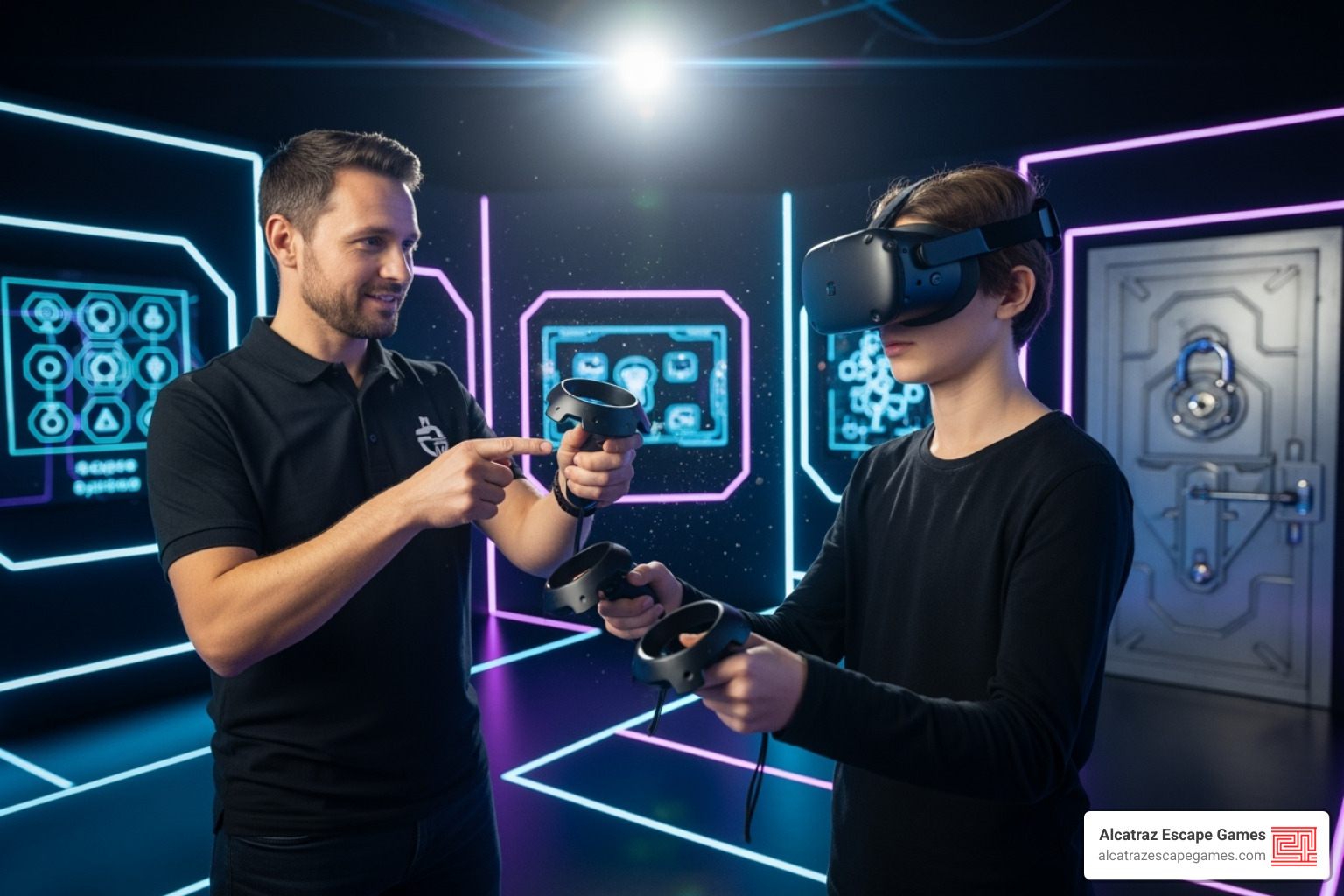 Game master explaining VR controllers - how do vr escape rooms work