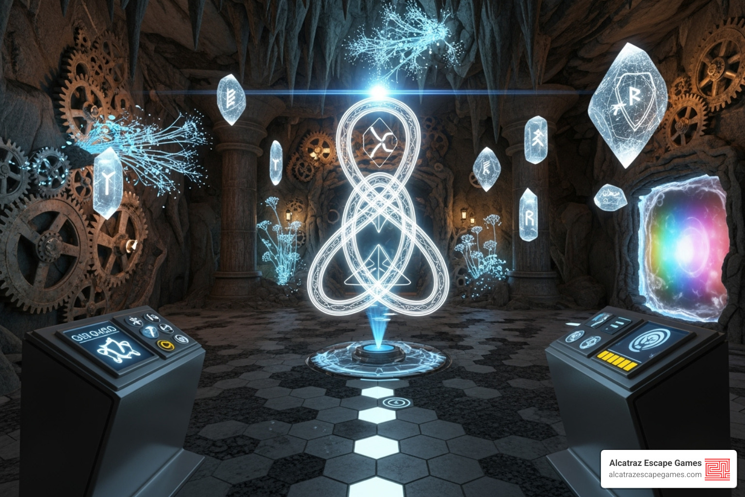 First-person view from within a fantastical VR escape room environment - how do vr escape rooms work