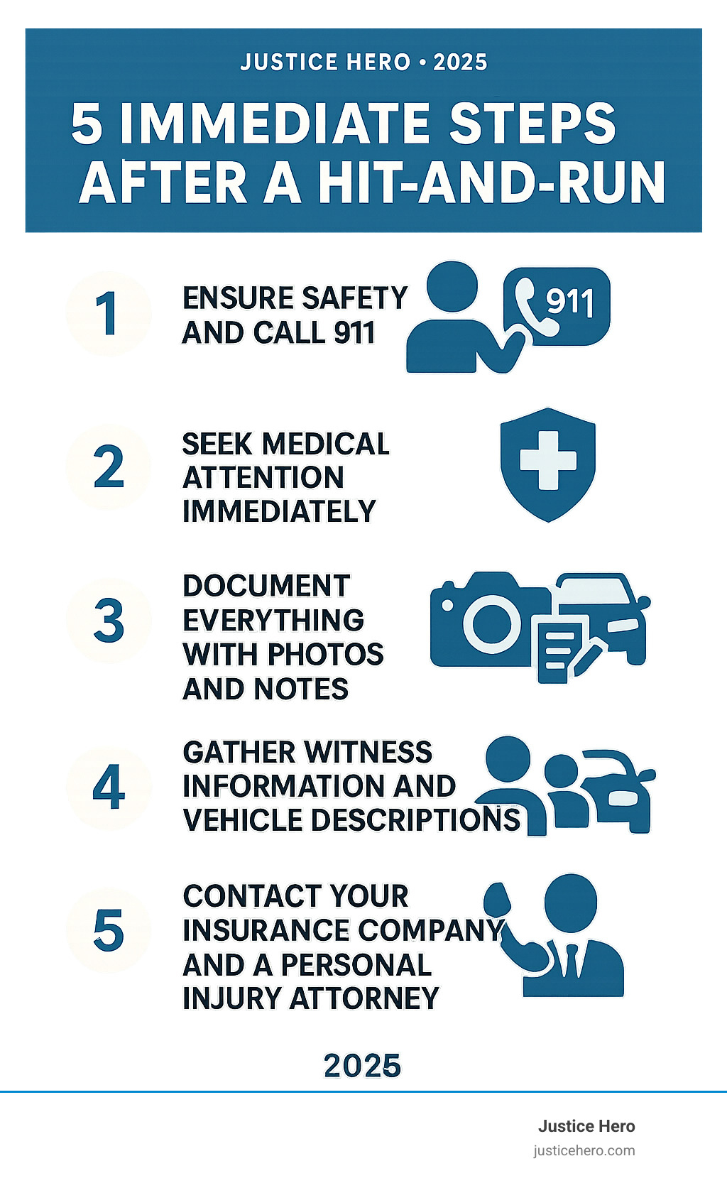Infographic showing 5 immediate steps after a hit-and-run: 1. Ensure safety and call 911, 2. Seek medical attention immediately, 3. Document everything with photos and notes, 4. Gather witness information and vehicle descriptions, 5. Contact your insurance company and a personal injury attorney - hit and run lawsuit infographic Infographic showing 5 immediate steps after a hit-and-run: 1. Ensure safety and call 911, 2. Seek medical attention immediately, 3. Document everything with photos and notes, 4. Gather witness information and vehicle descriptions, 5. Contact your insurance company and a personal injury attorney - hit and run lawsuit infographic