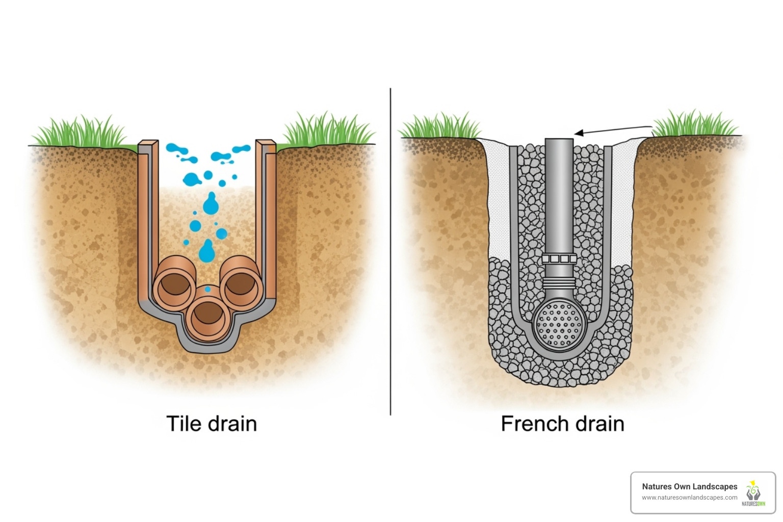 Difference between a French drain and a tile drain - Subsurface water drainage
