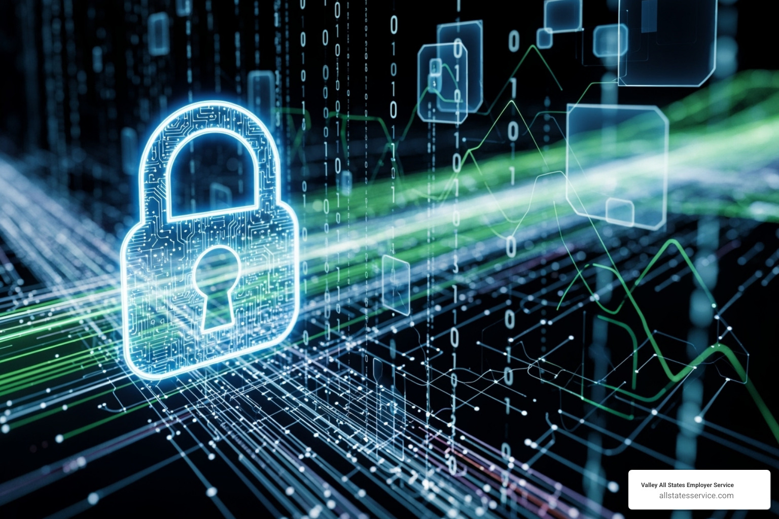A digital lock icon over data streams, symbolizing robust data security - outsourcing payroll cloud