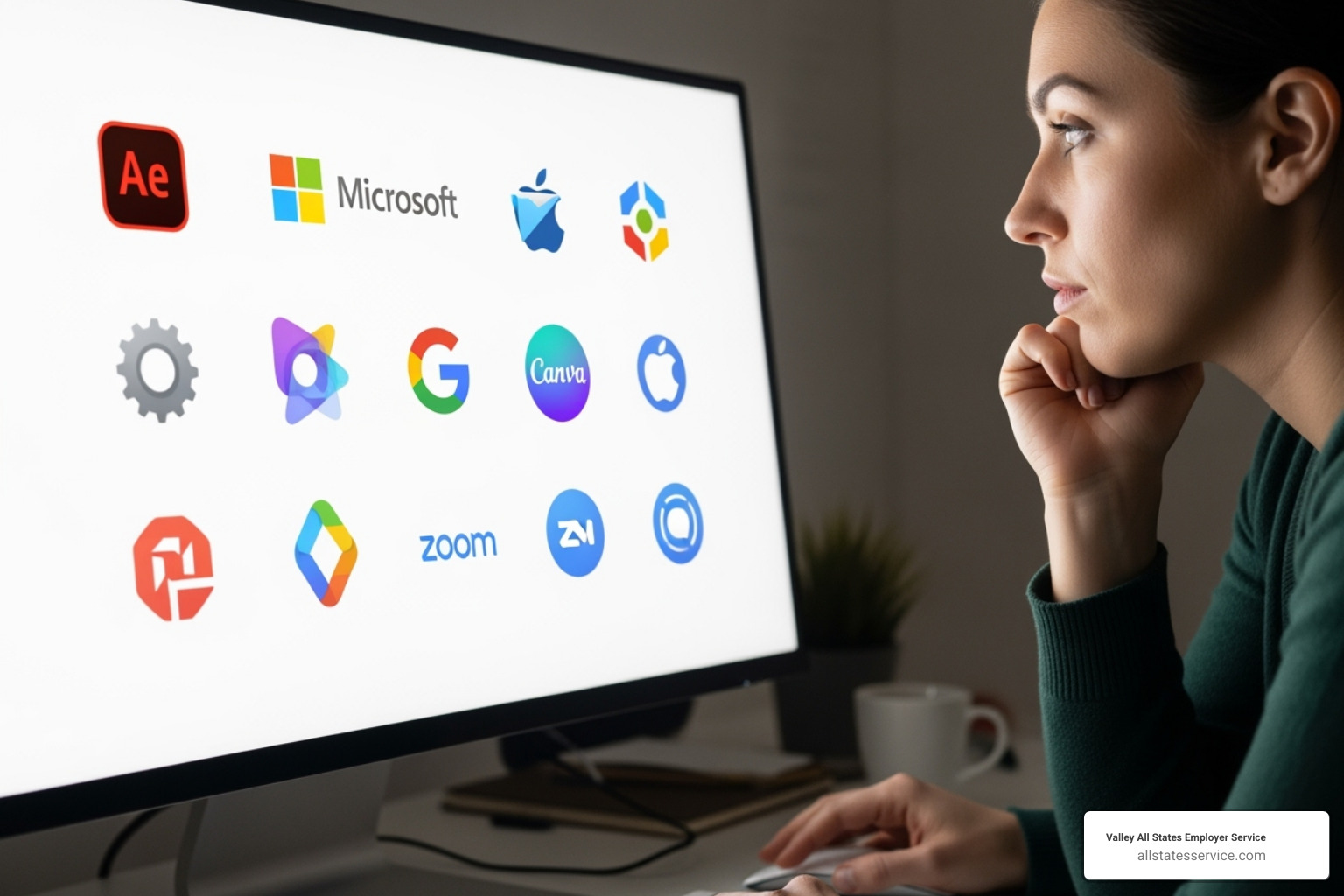 a person looking at multiple software logos on a screen, representing choice - web based payroll service
