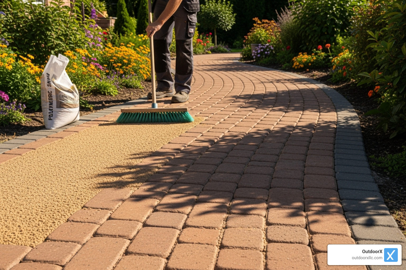 person sweeping polymeric sand into brick walkway joints - brick walkway contractors near me person sweeping polymeric sand into brick walkway joints - brick walkway contractors near me