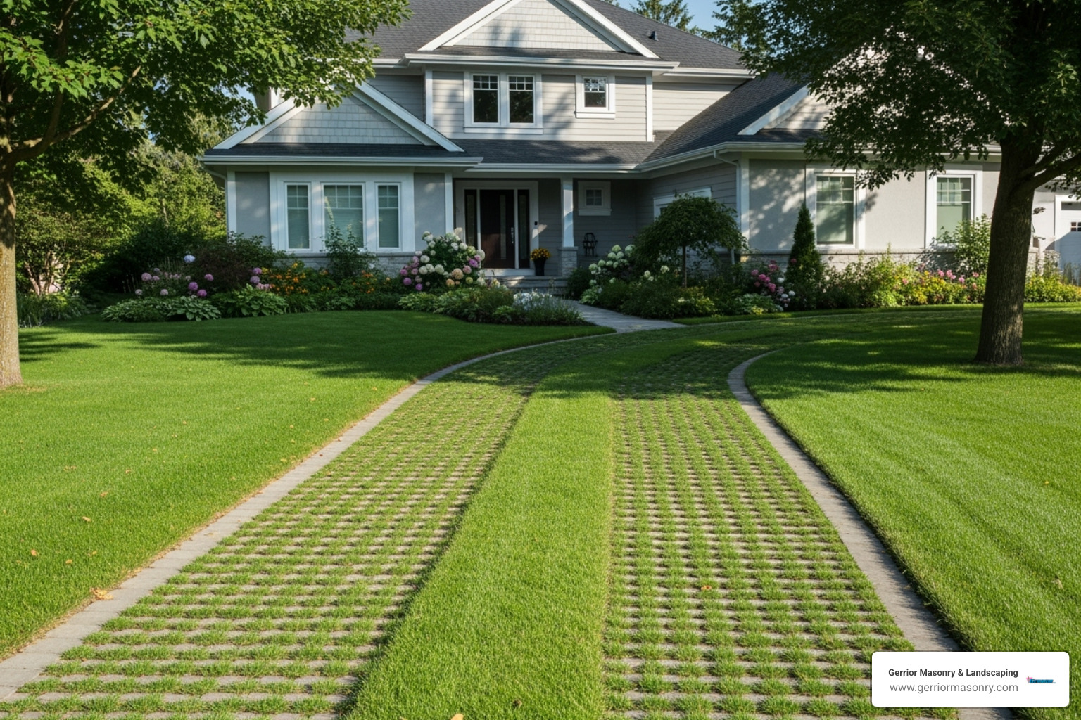 completed Gerrior Masonry hardscaping project in the Woburn area - lawn driveway pavers