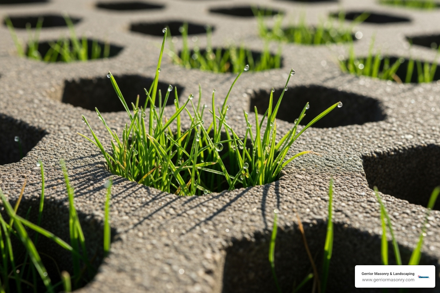 close-up shot showing grass growing through concrete turfstone pavers - lawn driveway pavers