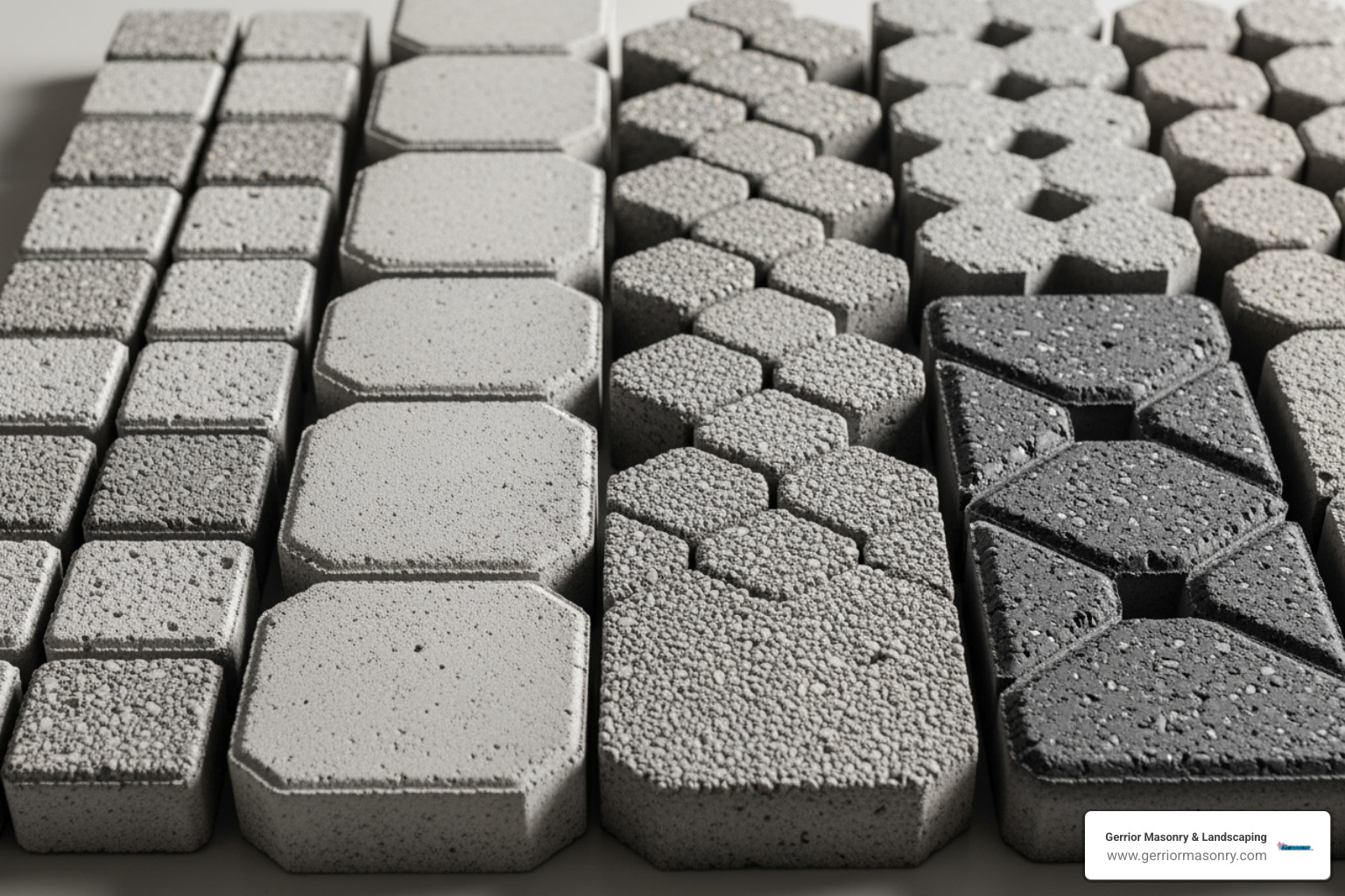 side-by-side of concrete turfstone pavers in different patterns and finishes before installation - lawn driveway pavers