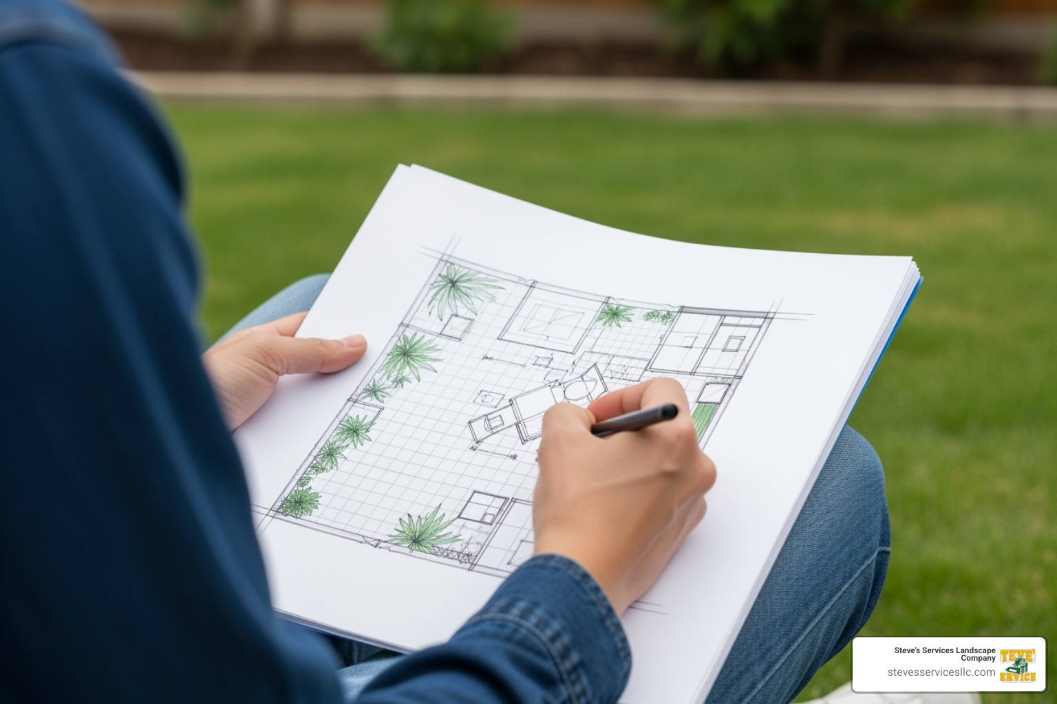 of a person sketching a patio plan in their backyard - Patio Designer