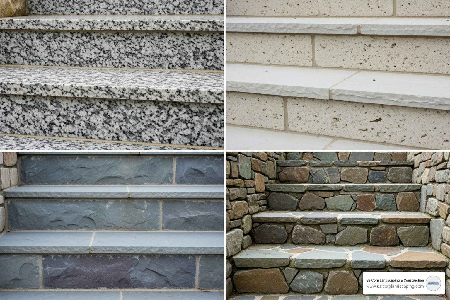 a collage showcasing granite, limestone, bluestone, and fieldstone steps - stone steps outside