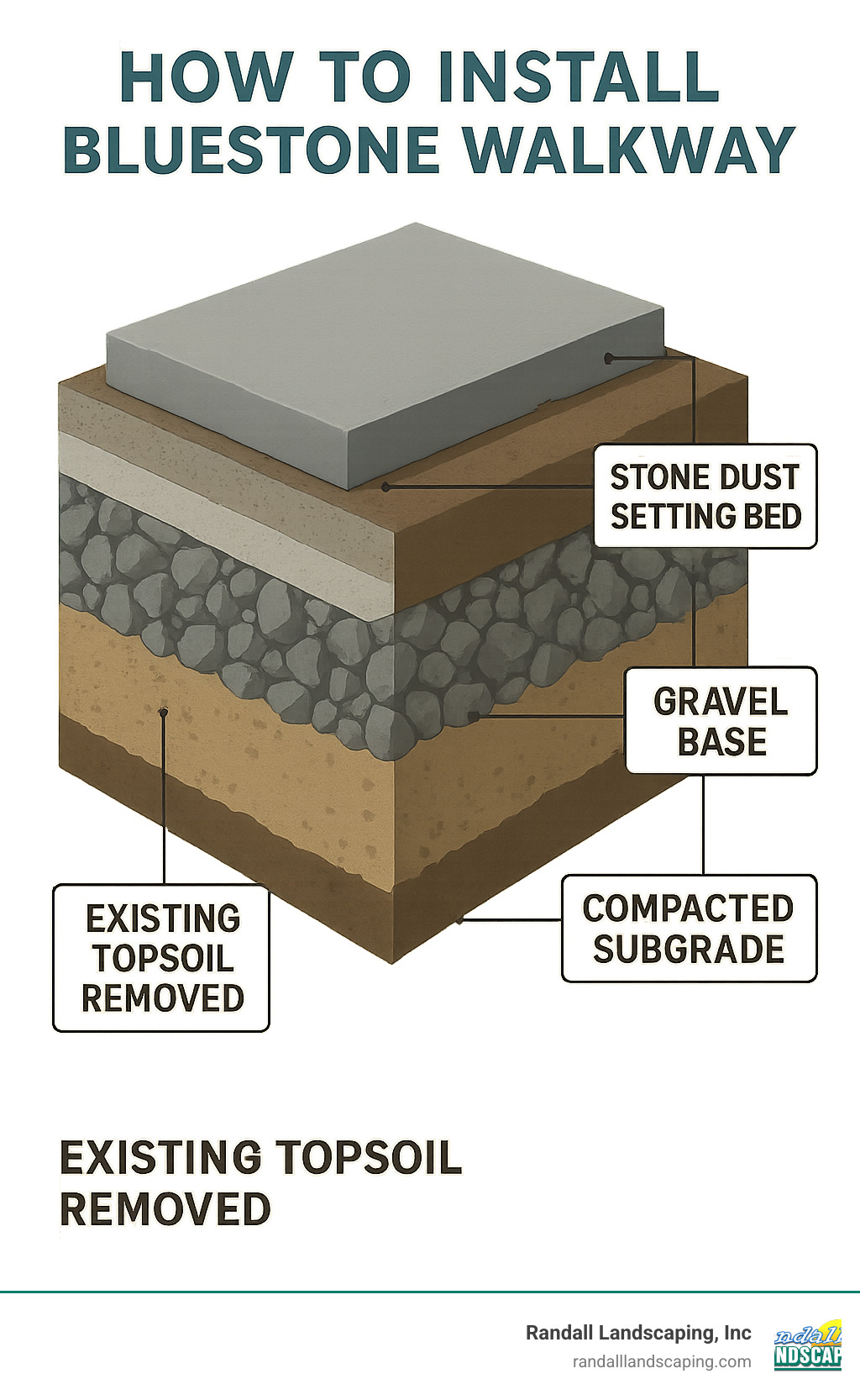 Infographic showing the cross-section layers of a bluestone walkway installation: existing topsoil removed, compacted subgrade at bottom, 4-6 inch gravel base layer, 1-2 inch stone dust setting bed, bluestone paver, joint filler - how to install a bluestone walkway infographic 