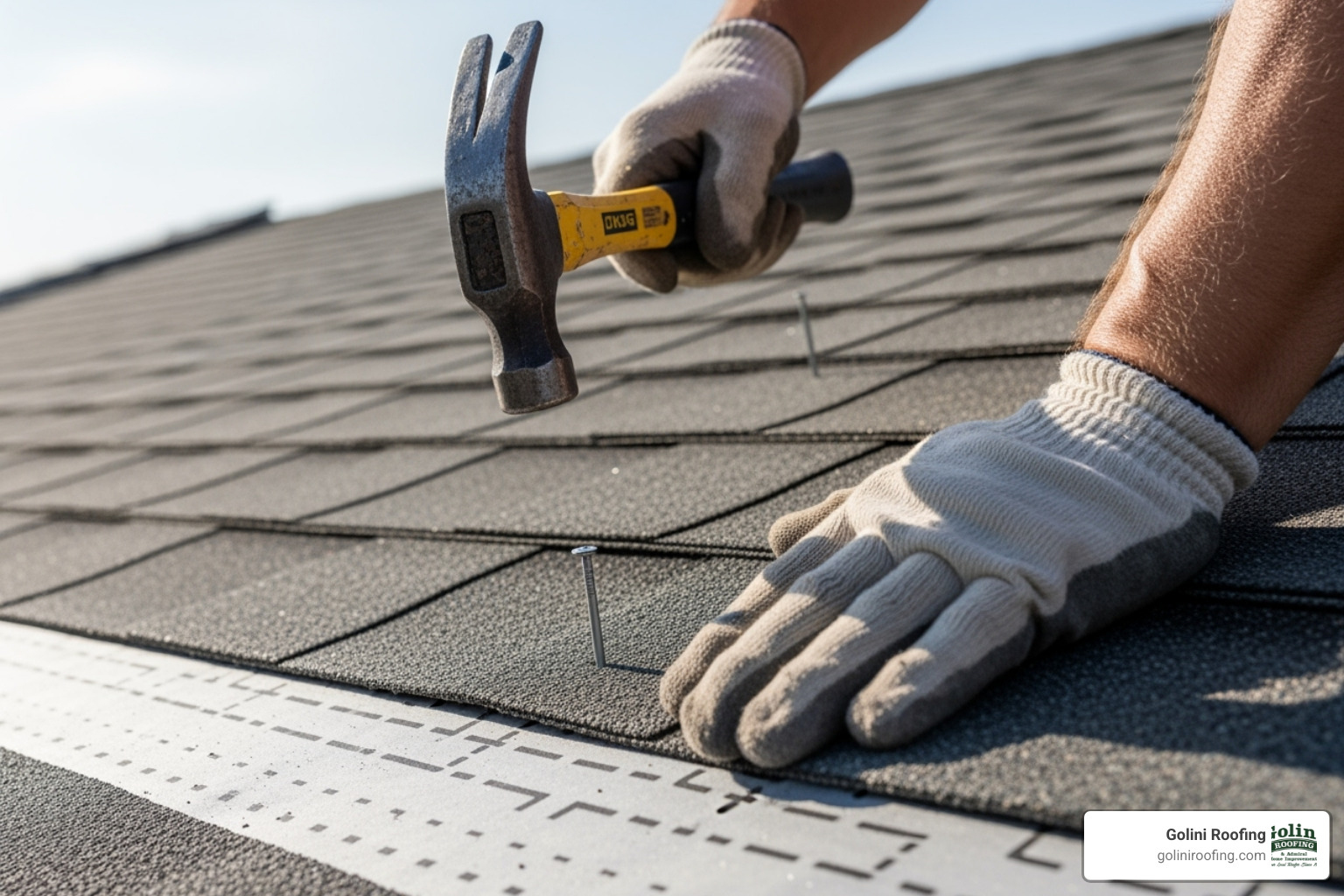 roofer carefully hand-nailing an asphalt shingle - roofing steps installation roofer carefully hand-nailing an asphalt shingle - roofing steps installation