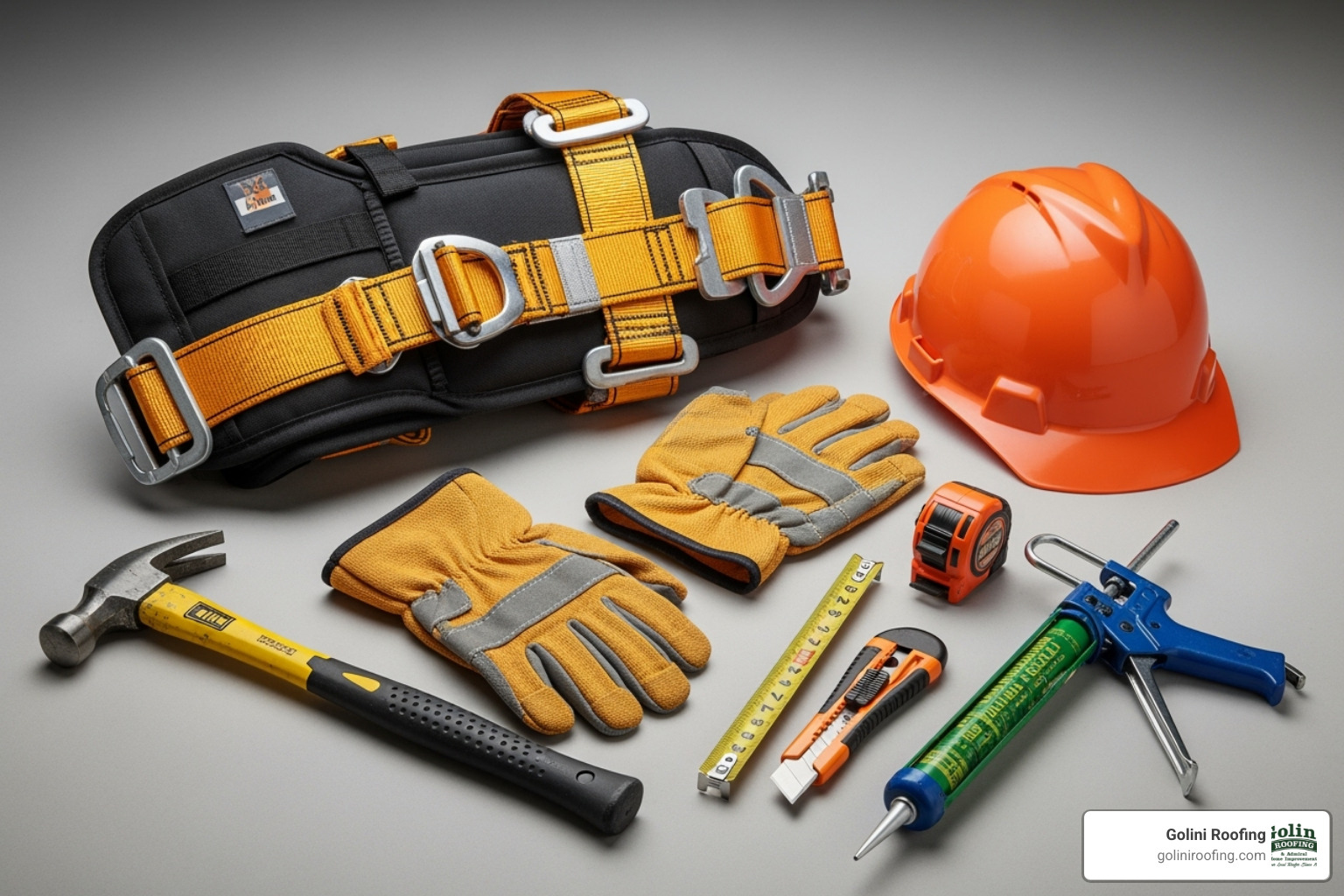 essential roofing safety gear (harness, gloves, hard hat) and tools laid out - roofing steps installation essential roofing safety gear (harness, gloves, hard hat) and tools laid out - roofing steps installation