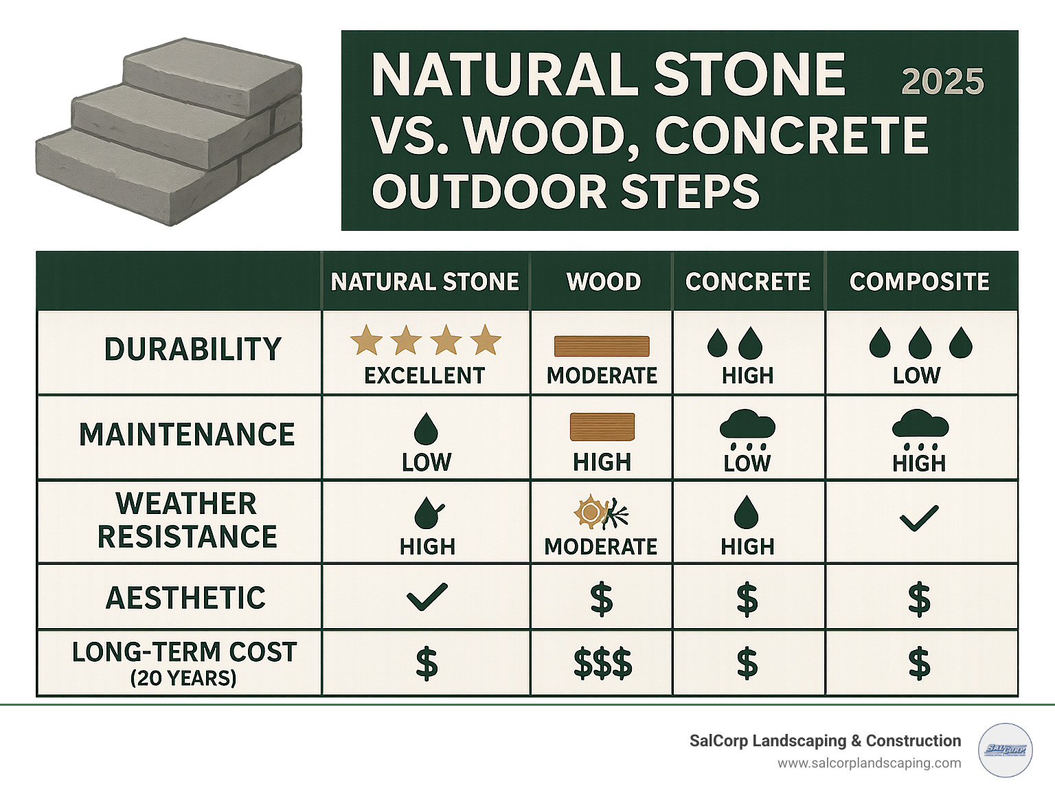 Comprehensive comparison infographic showing natural stone steps versus wood, concrete, and composite materials, highlighting durability ratings, maintenance requirements, weather resistance, aesthetic appeal, and long-term cost analysis over 20 years - stone steps outside infographic 