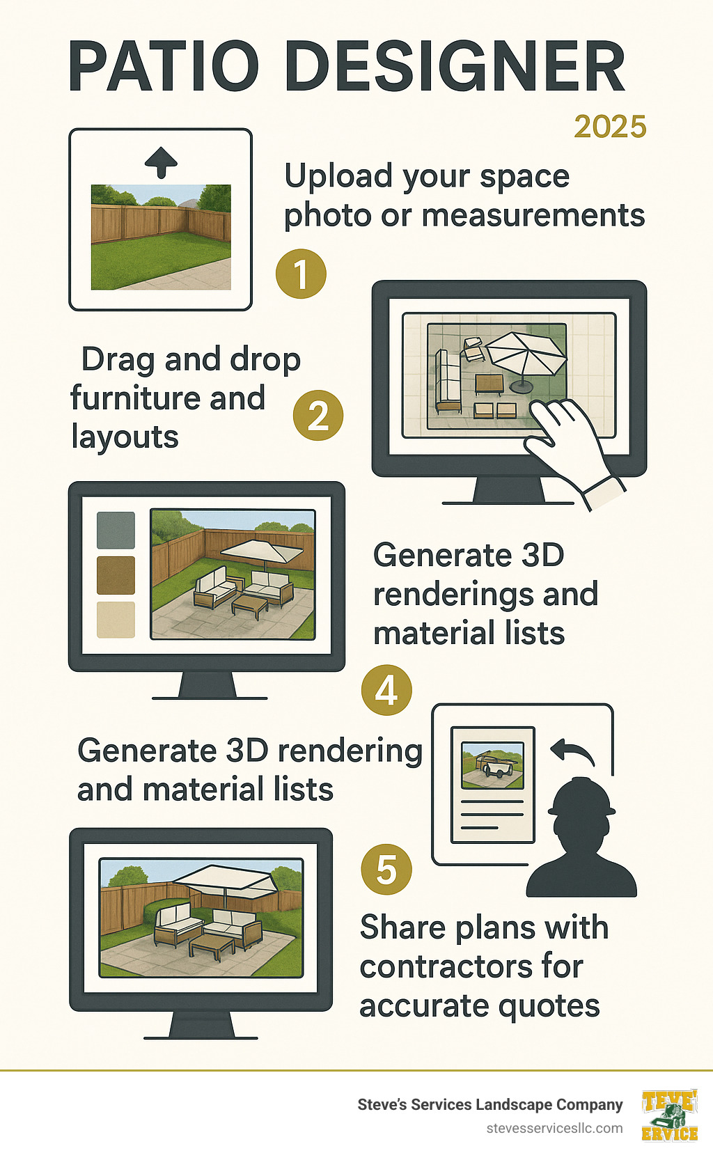Infographic showing the step-by-step benefits of using patio design software: 1. Upload your space photo or measurements, 2. Drag and drop furniture and features, 3. Test different materials and layouts, 4. Generate 3D renderings and material lists, 5. Share plans with contractors for accurate quotes - Patio Designer infographic 