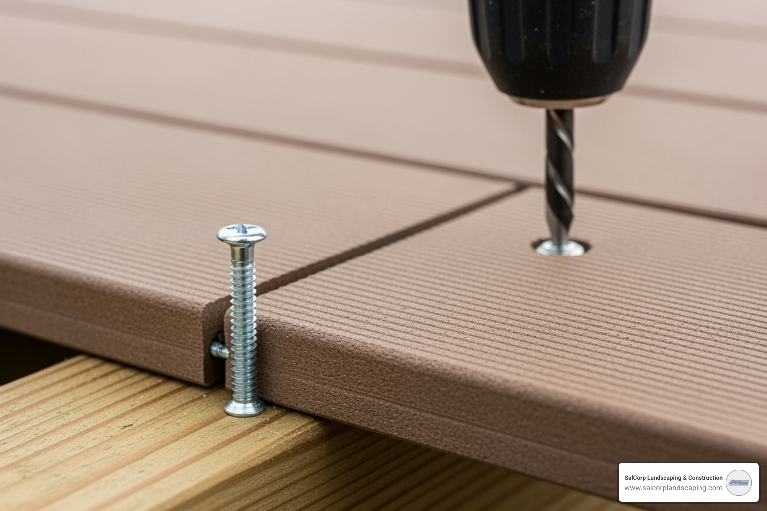 of a composite tread being screwed into place over the stringers. - composite deck stairs