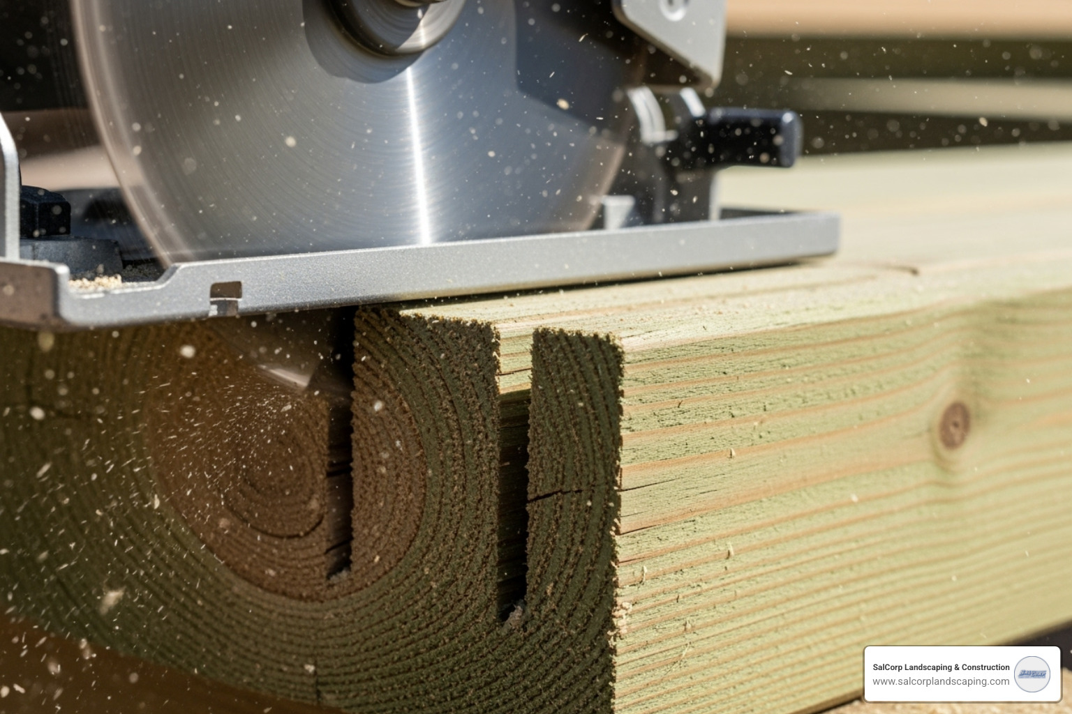 of a circular saw cutting the notches out of a 2x12 stringer. - composite deck stairs