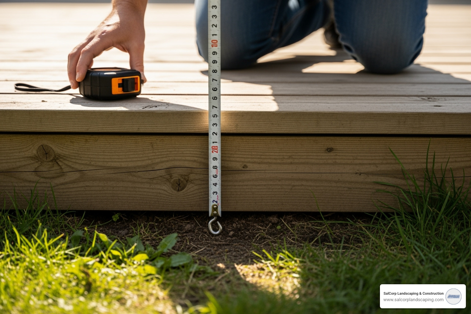 of a person using a tape measure to determine the total rise from a deck to the ground. - composite deck stairs