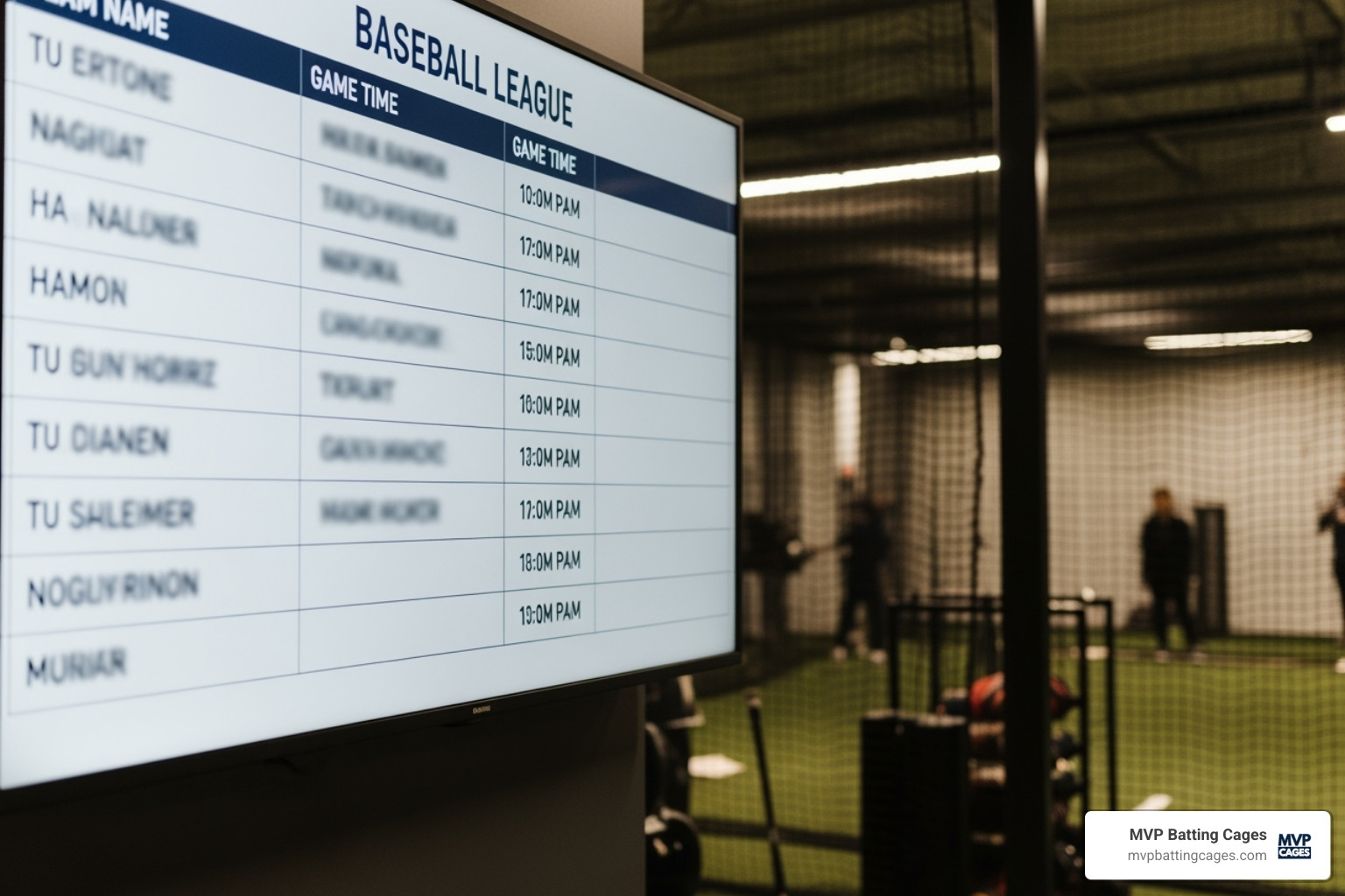 A HitTrax league schedule or bracket displayed on a screen, showing team names and upcoming game times - hittrax league rules