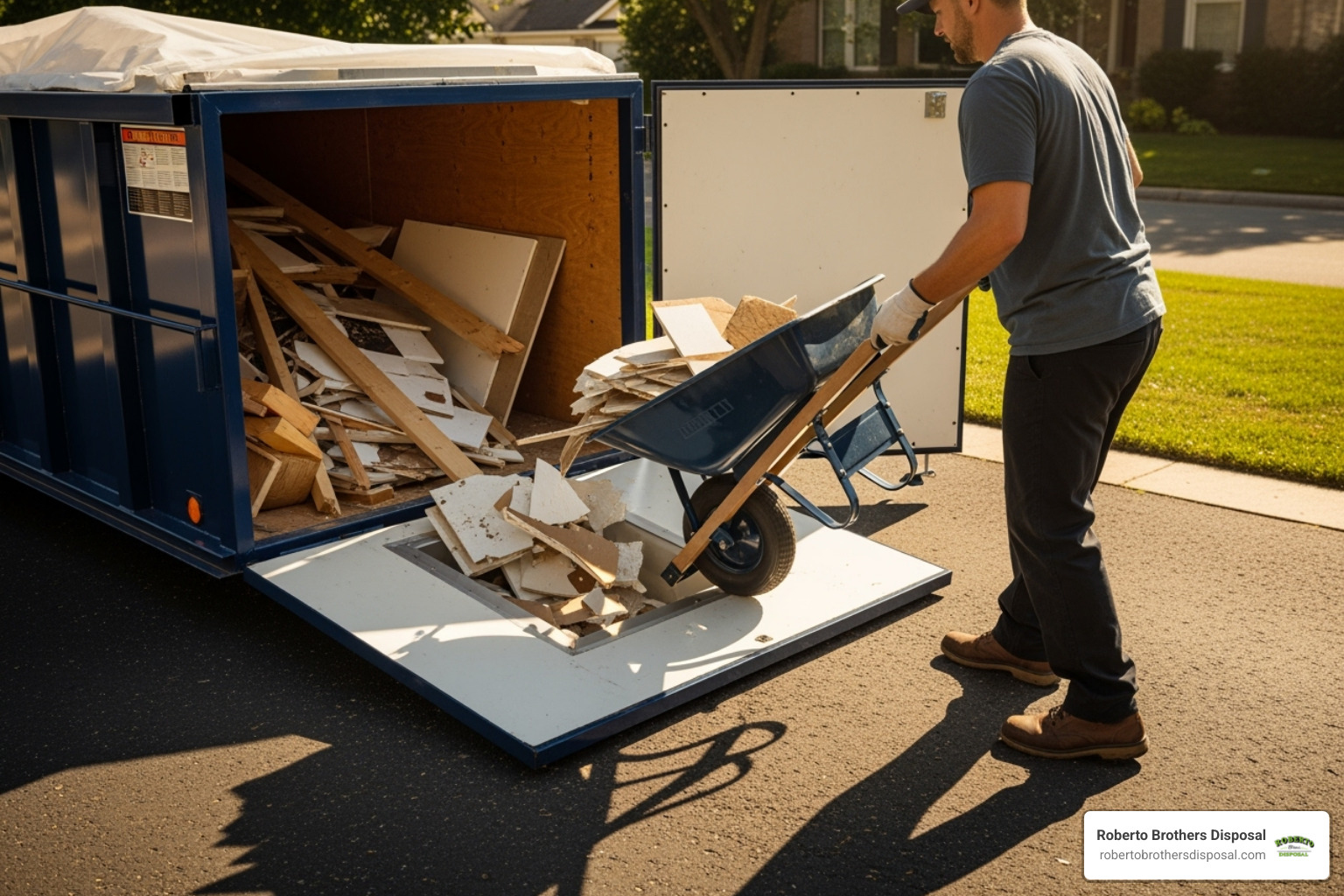person easily loading debris into a small dumpster with a walk-in door - small dumpster rental