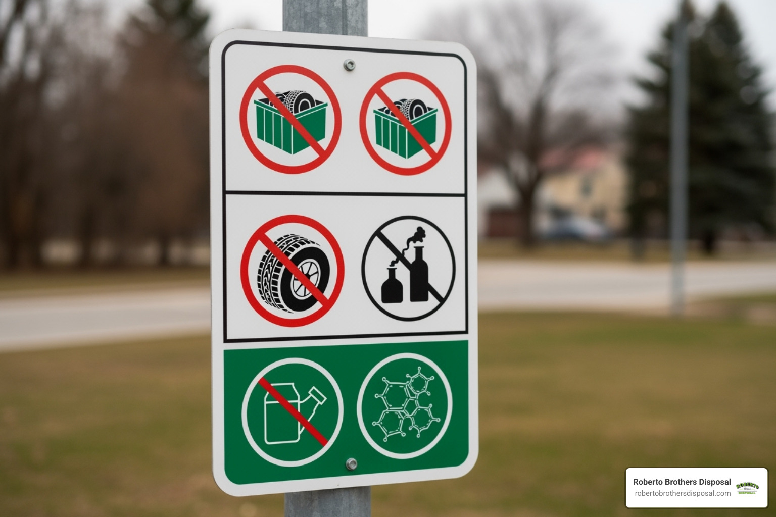 sign showing prohibited items like tires and chemicals - small dumpster rental