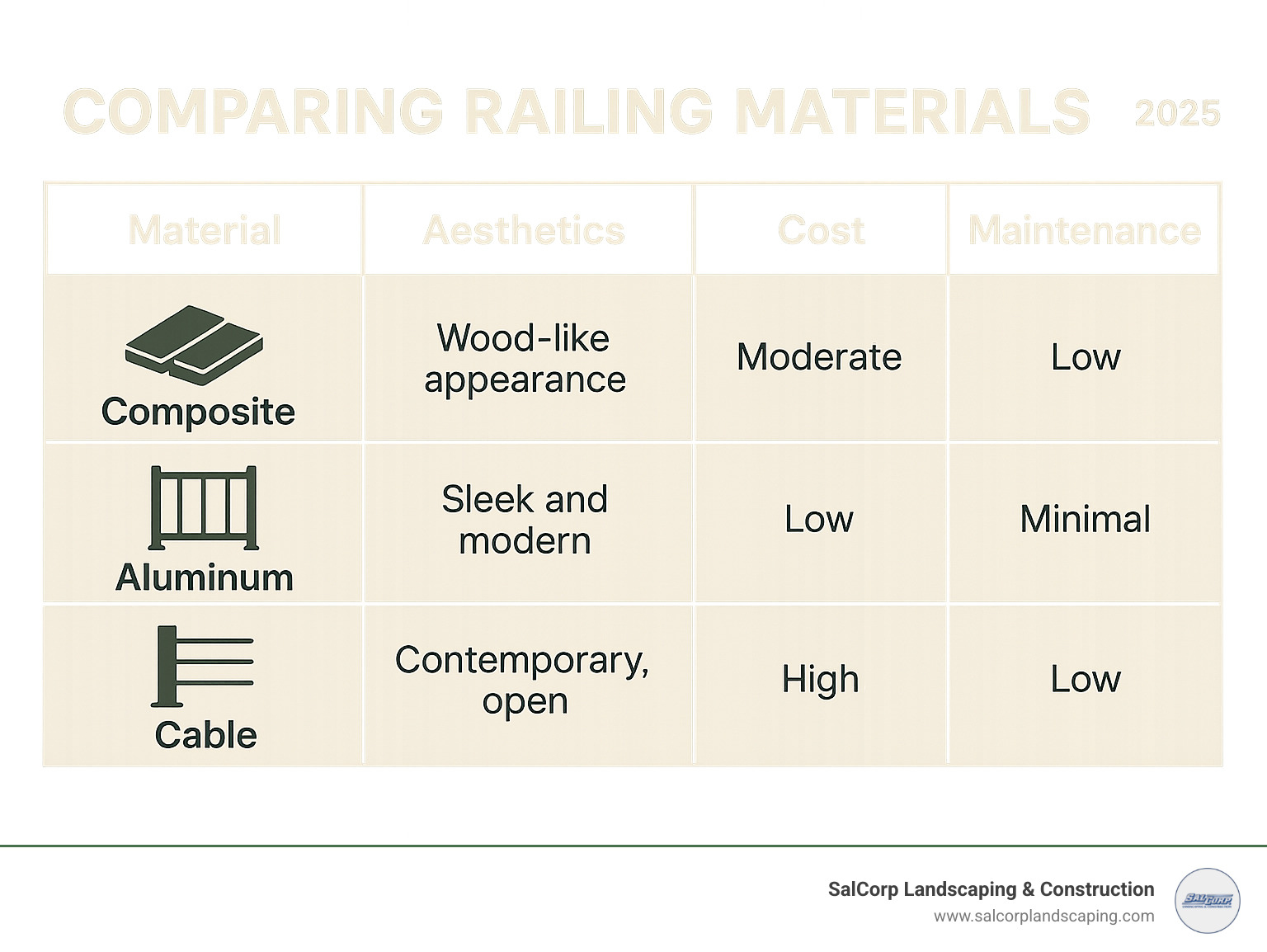TABLE comparing different railing materials (e.g., Composite, Aluminum, Cable) on aesthetics, cost, and maintenance. - composite deck stairs infographic 