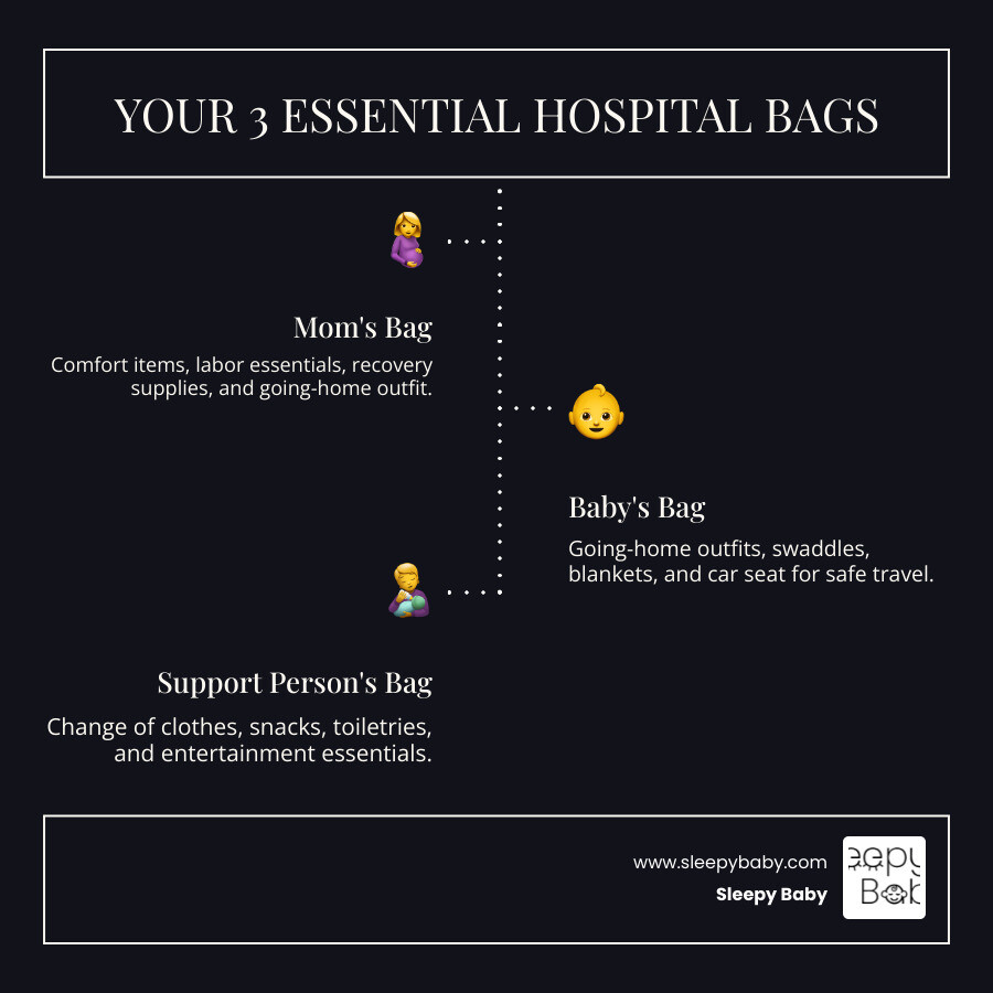 Comprehensive infographic showing three essential hospital bags - one for mom containing comfort items like pillow and nursing bras, one for baby with going-home outfits and blankets, and one for support person with snacks and entertainment, with packing timeline of 35-38 weeks highlighted - must haves for mom's hospital bag infographic infographic-line-3-steps-dark