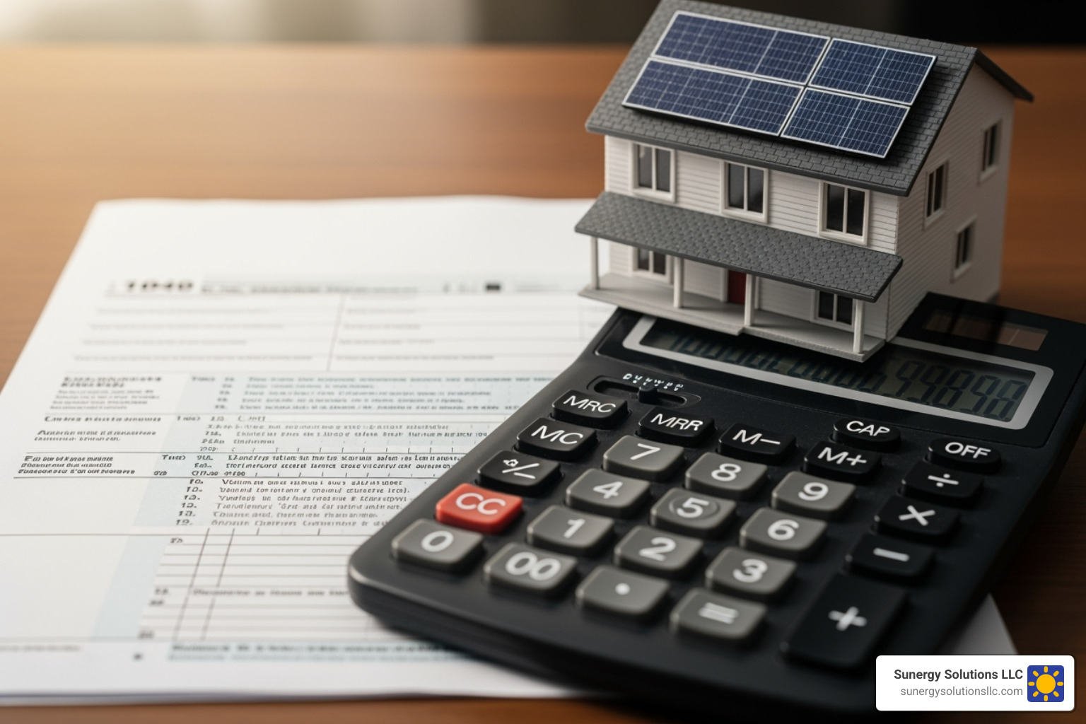 Image of a tax form next to a calculator and a small model of a U.S. house with a solar panel. - ri solar incentives