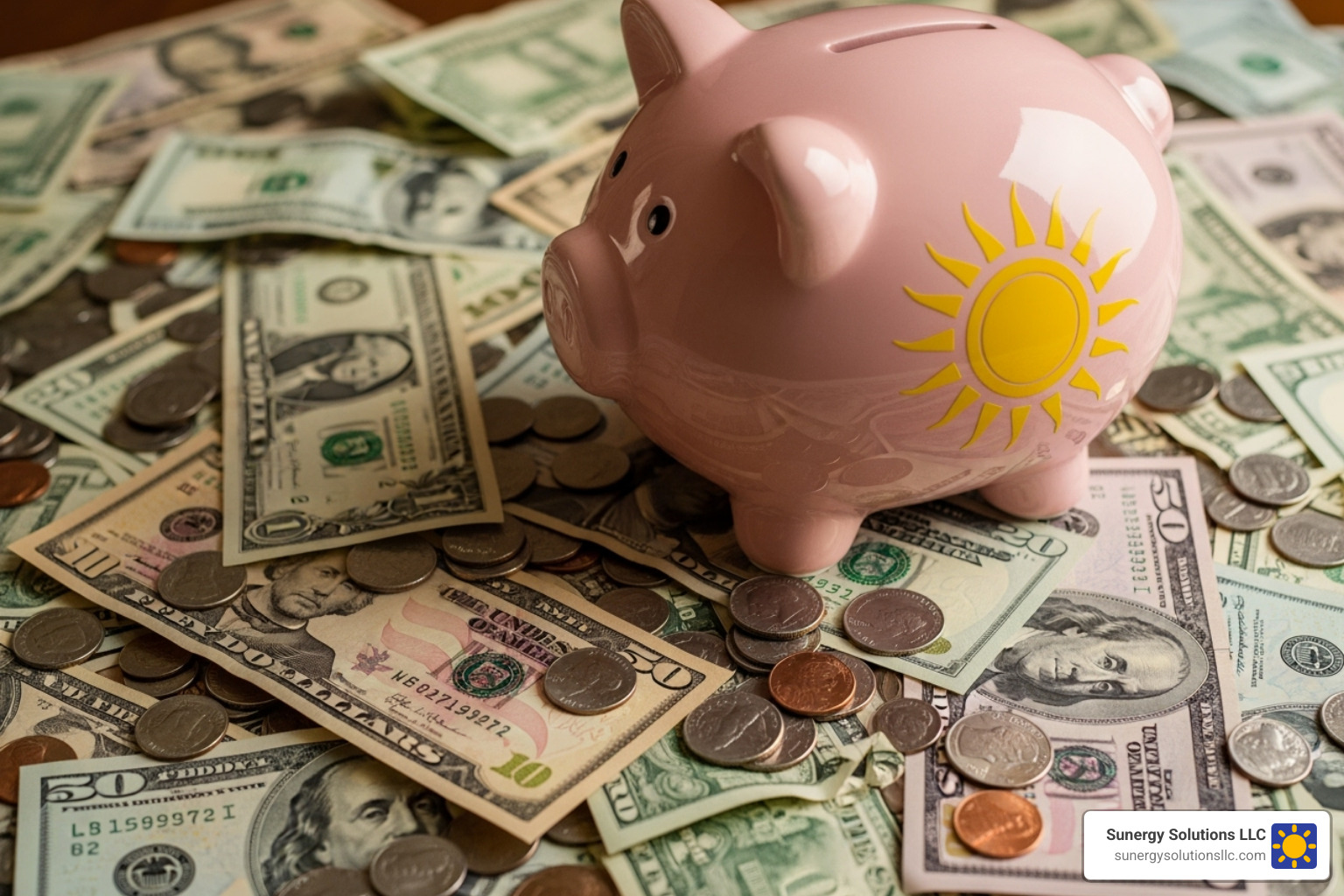 Image of a piggy bank with a sun logo on it, sitting on a pile of money. - ri solar incentives