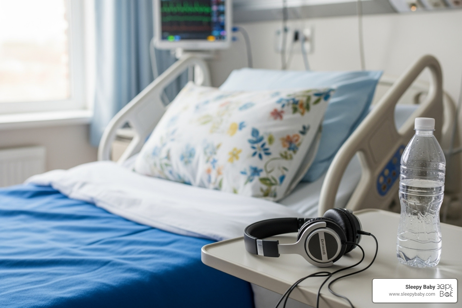 comfort items like a pillow, headphones, and a water bottle next to a hospital bed - must haves for mom's hospital bag