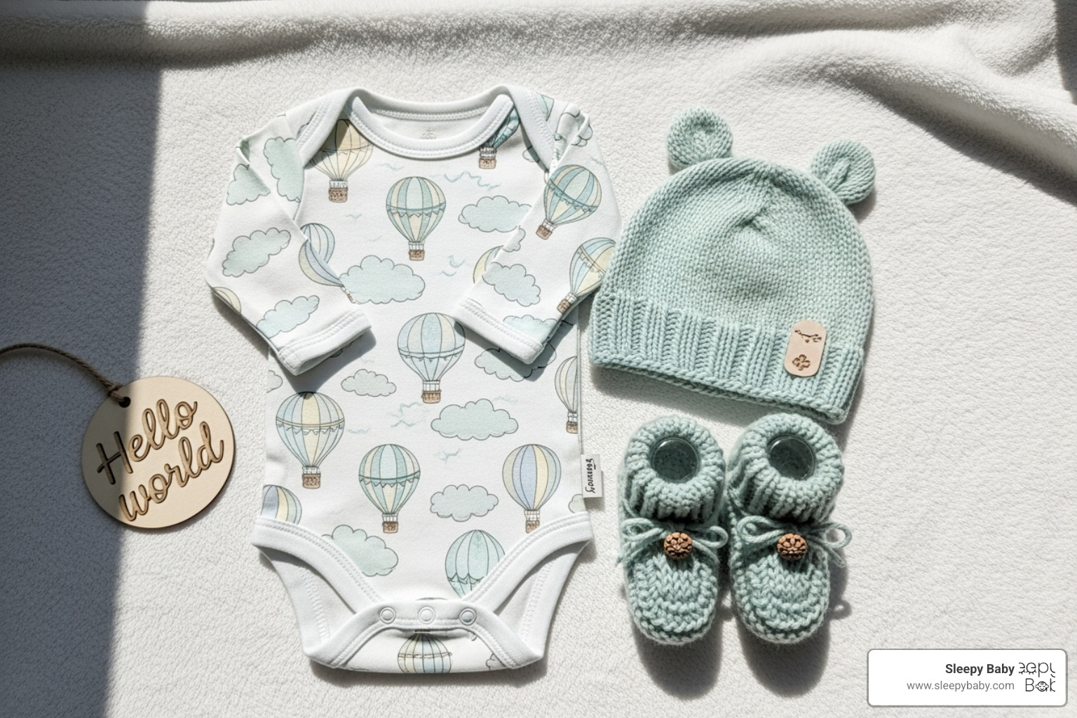 a newborn going-home outfit with a hat and booties - must haves for mom's hospital bag