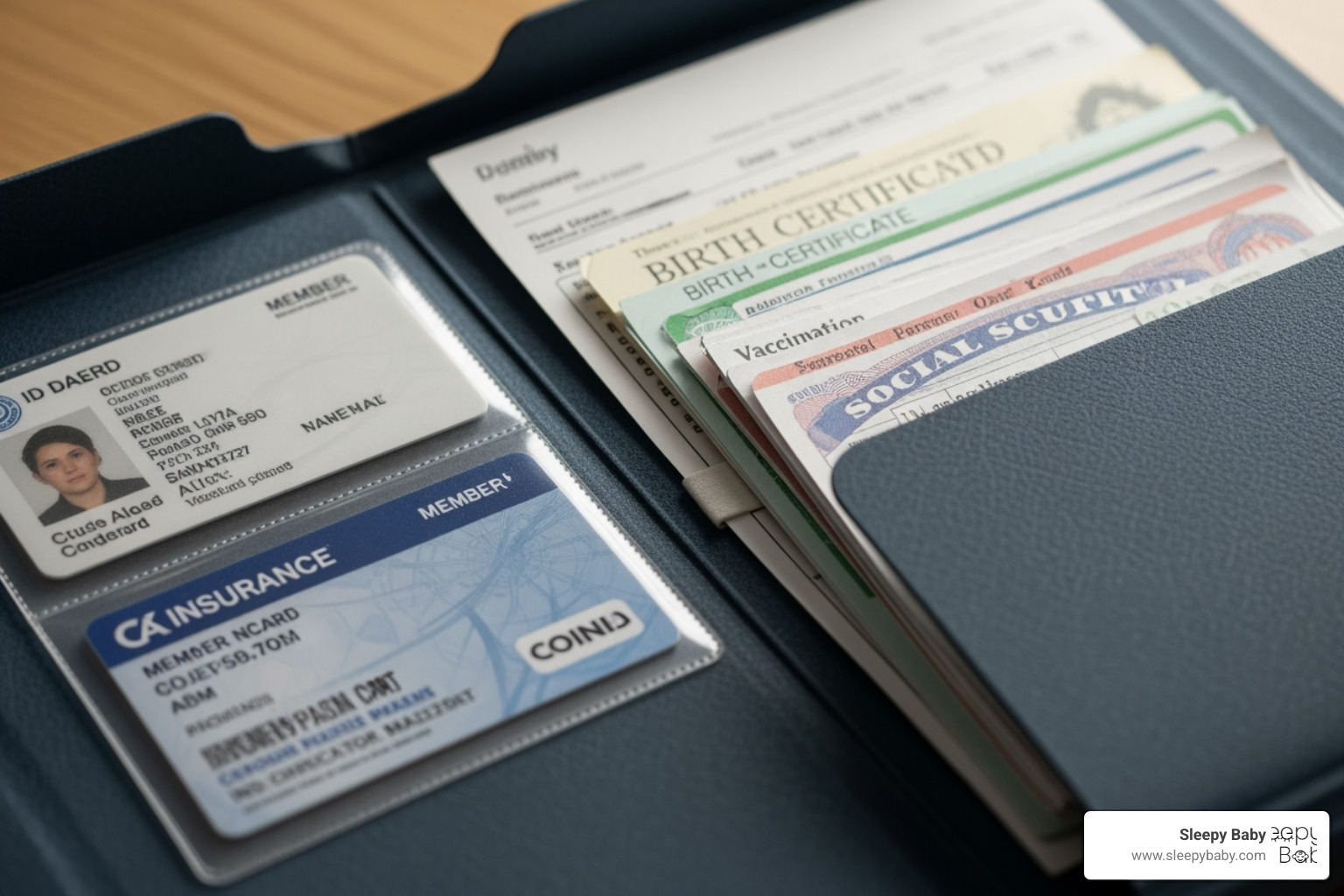 an organized folder containing an ID, insurance card, and papers - must haves for mom's hospital bag