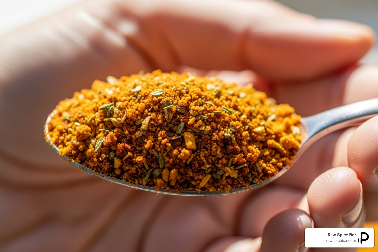 of a hand holding a spoonful of vibrant, natural salt-free sazon - salt free sazon