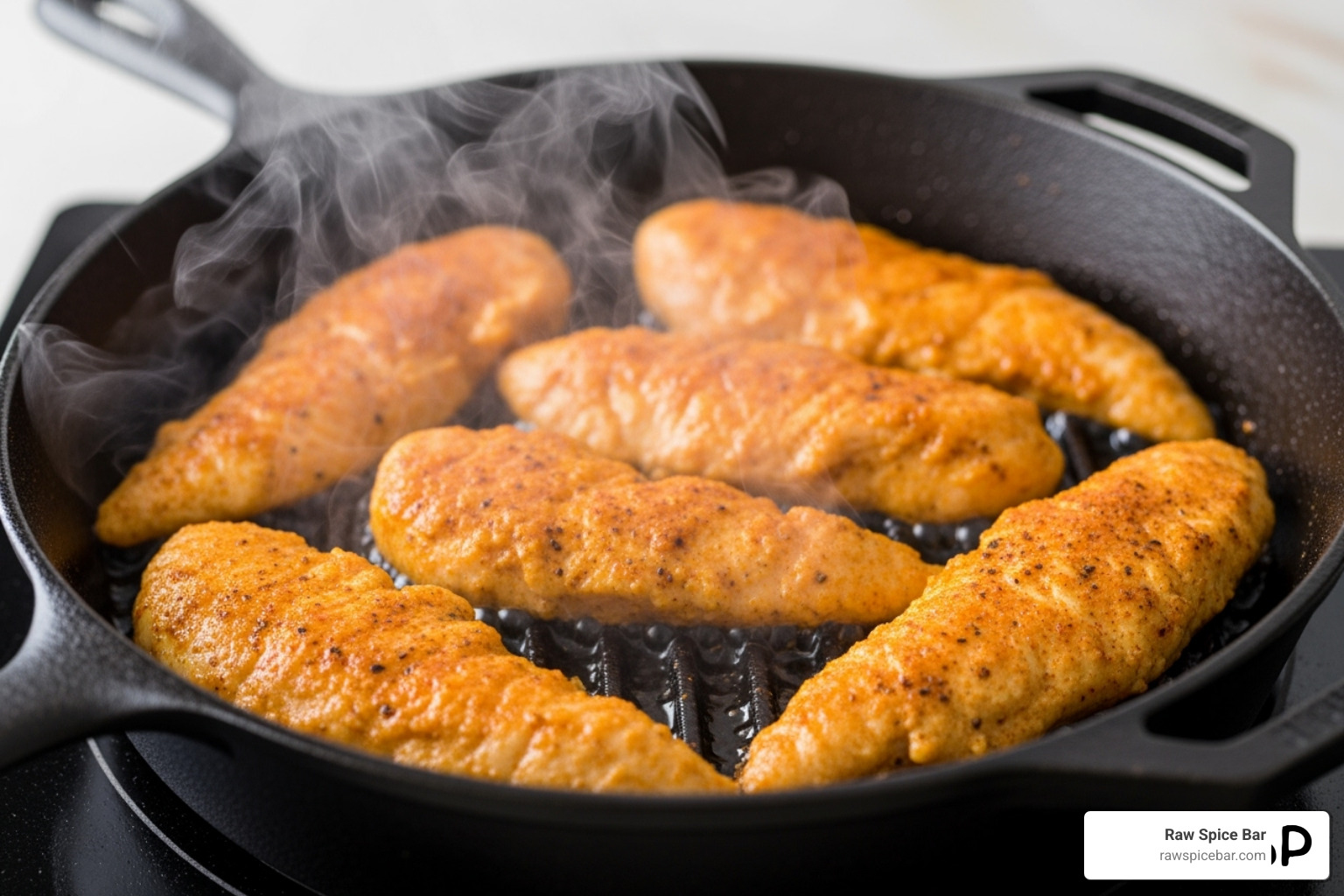 of a skillet with sizzling Sazón chicken tenders - salt free sazon