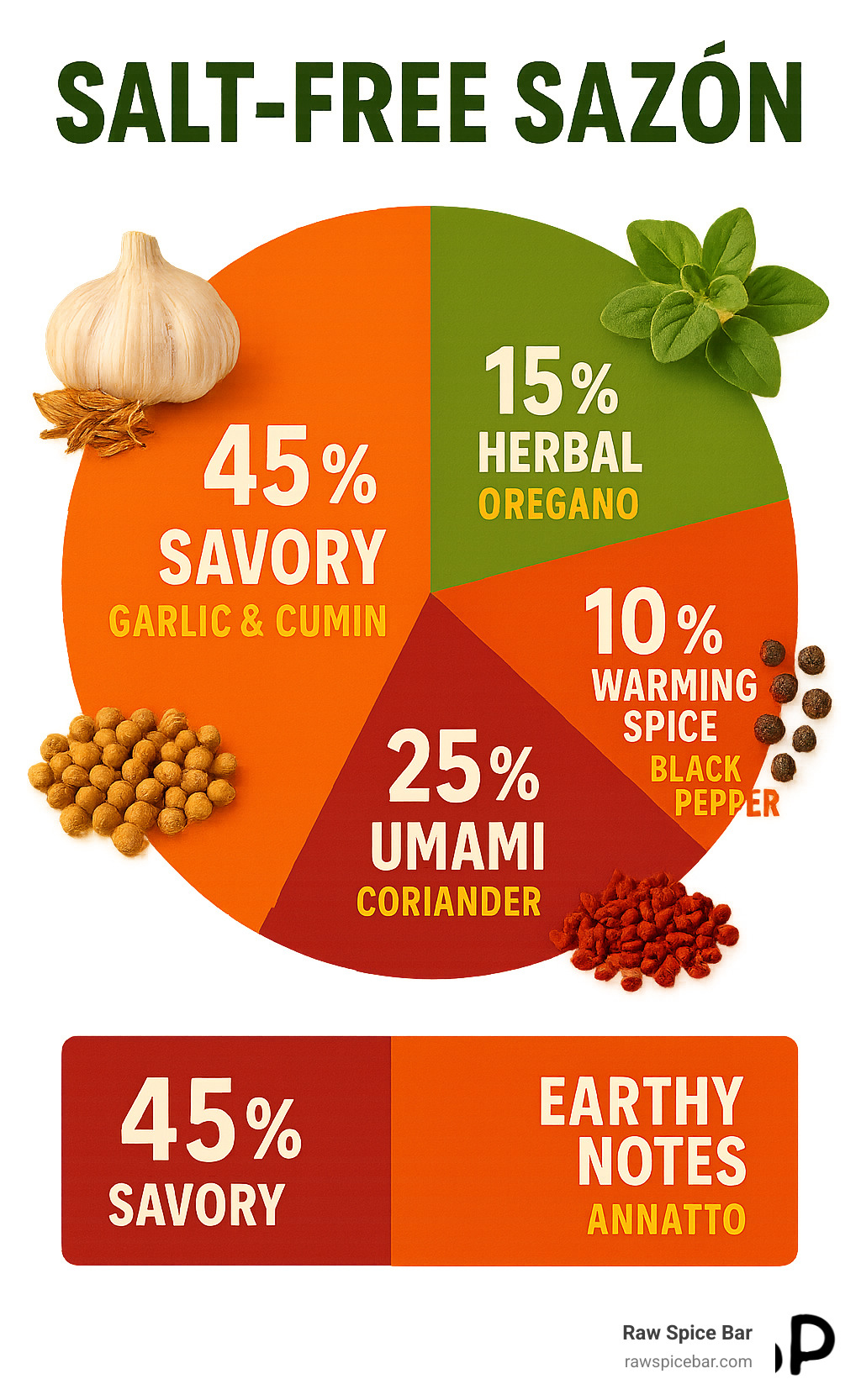 Infographic showing the key components of salt-free sazon: 45% savory from garlic and cumin, 25% umami from coriander, 15% herbal from oregano, 10% warming spice from black pepper, and 5% earthy notes from annatto, with visual representations of each spice and their flavor contributions - salt free sazon infographic 