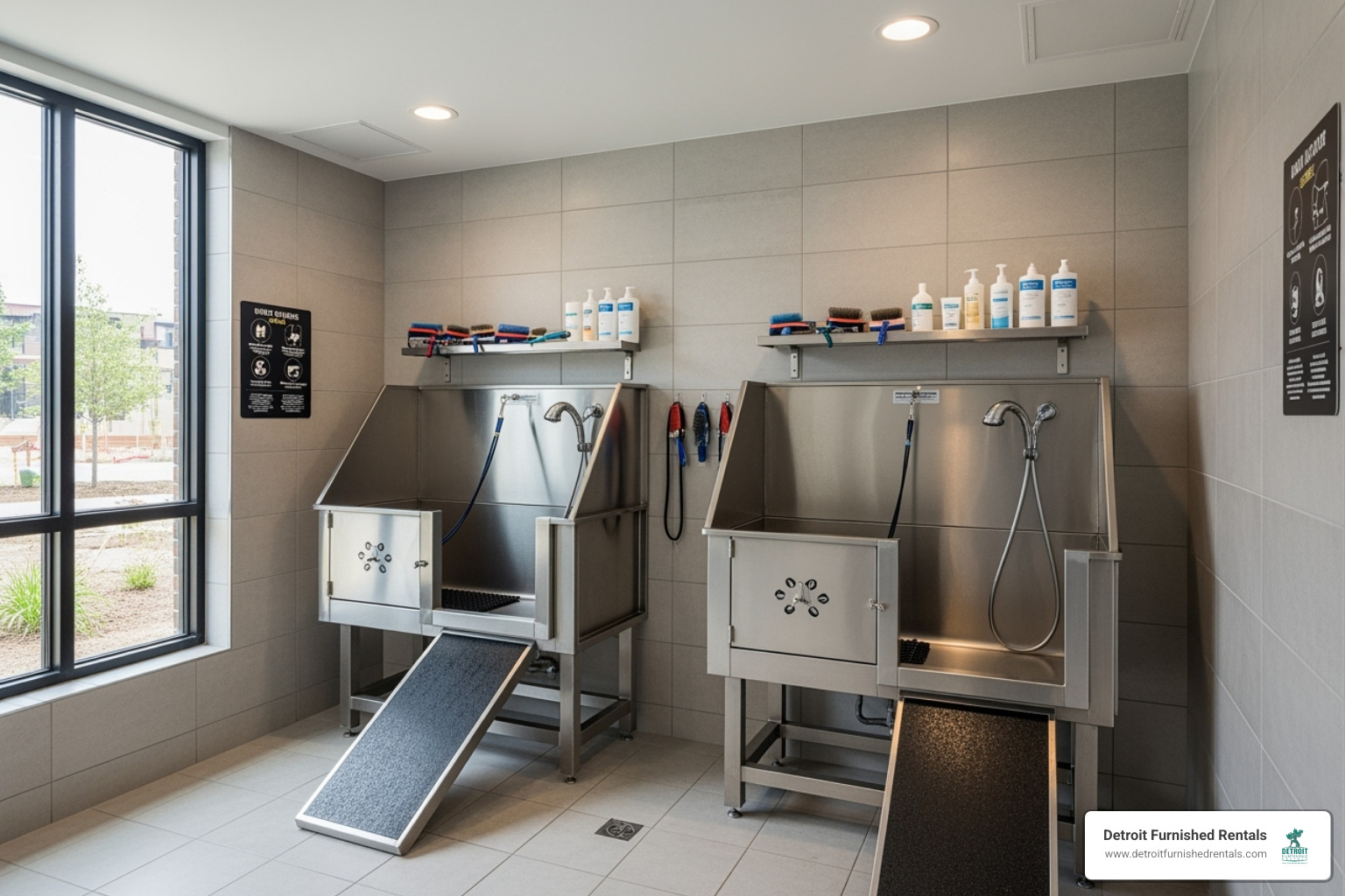 A modern apartment building's indoor pet washing station - pet friendly apartments Detroit