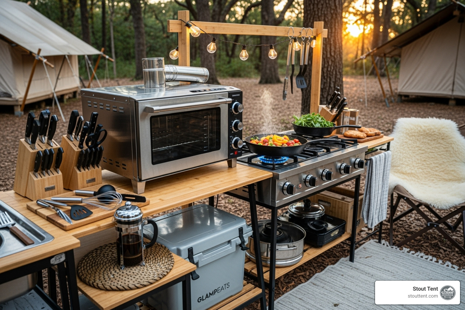 well-organized, high-end camp kitchen with a portable oven and cast-iron skillet - luxury camping gear