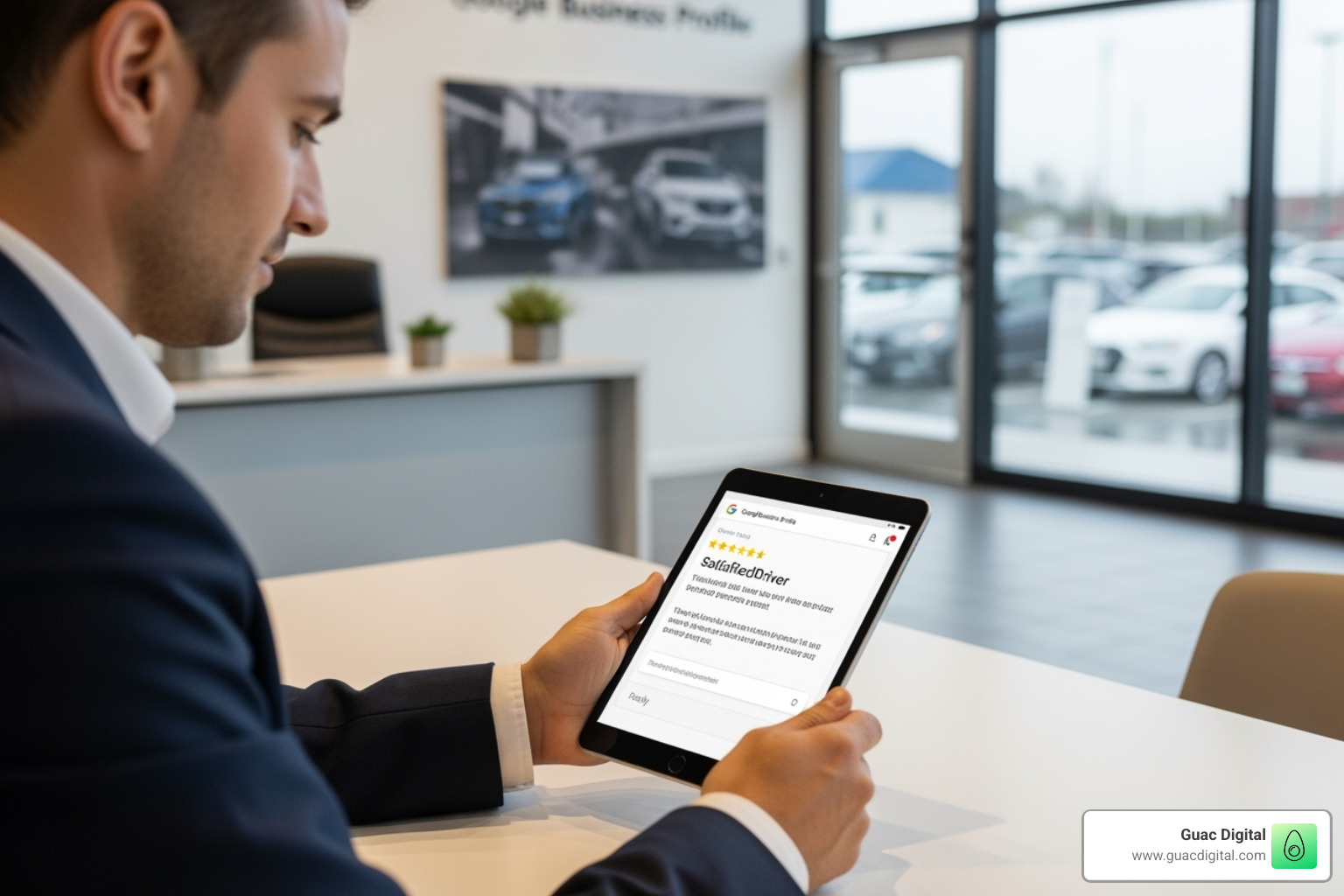 Dealership manager responding to a Google review on a tablet - google business profile review management for car dealers