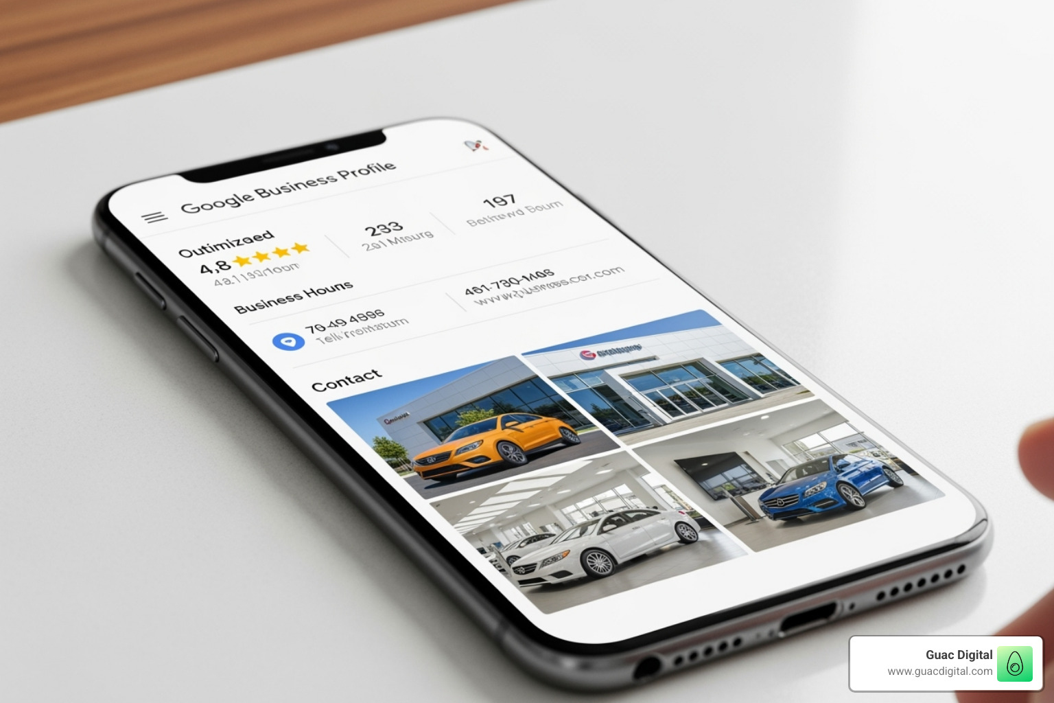 Fully optimized car dealership Google Business Profile on a smartphone screen - google business profile review management for car dealers
