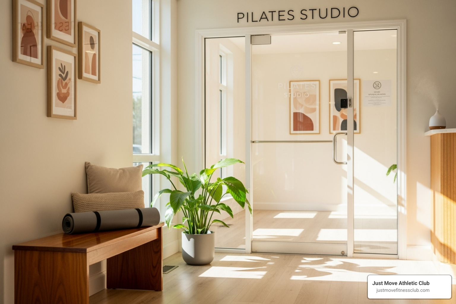 A welcoming and clean Pilates studio entrance with natural light - core pilates near me