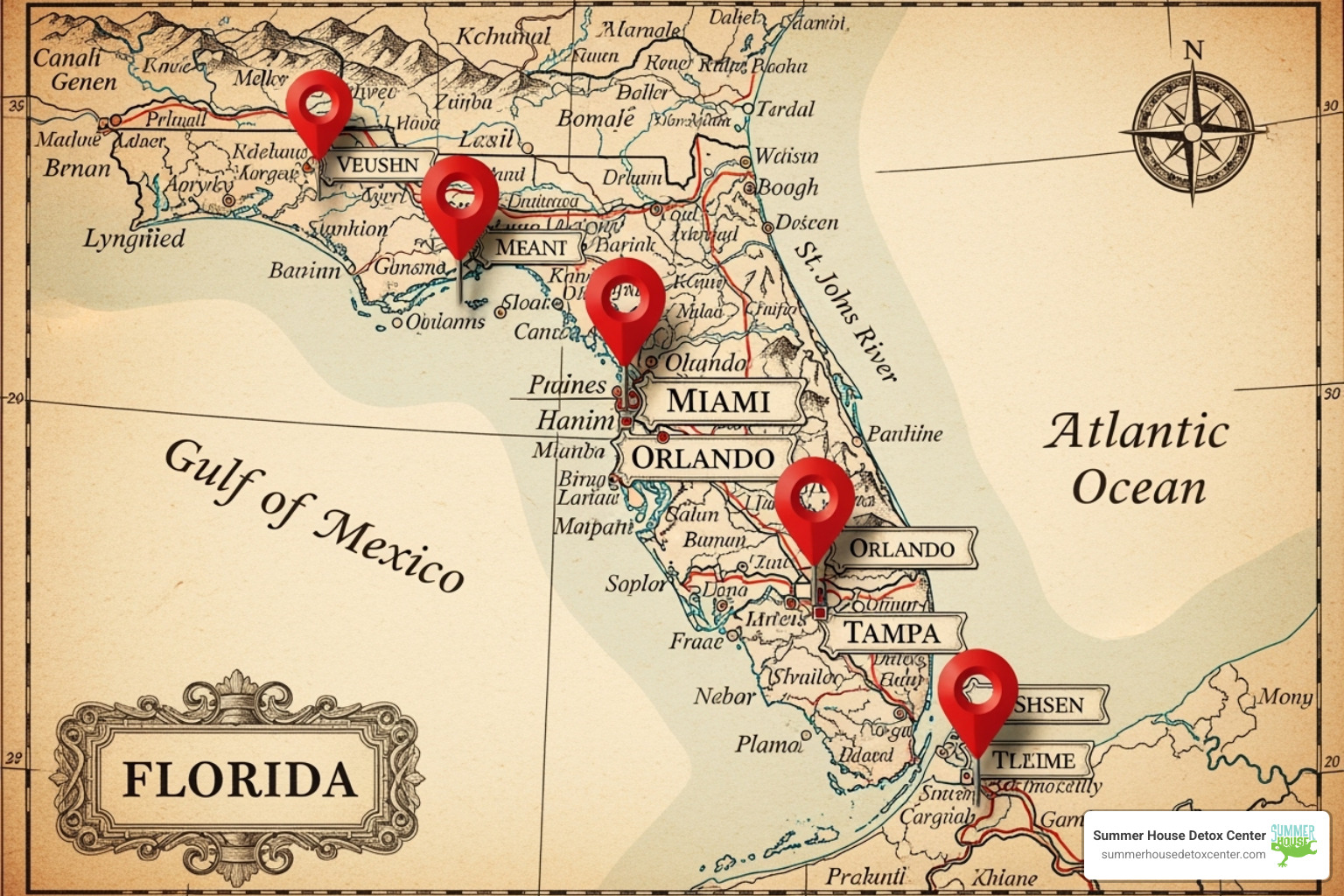 map of Florida with pins indicating major cities like Miami, Orlando, and Tampa - christian rehab centers