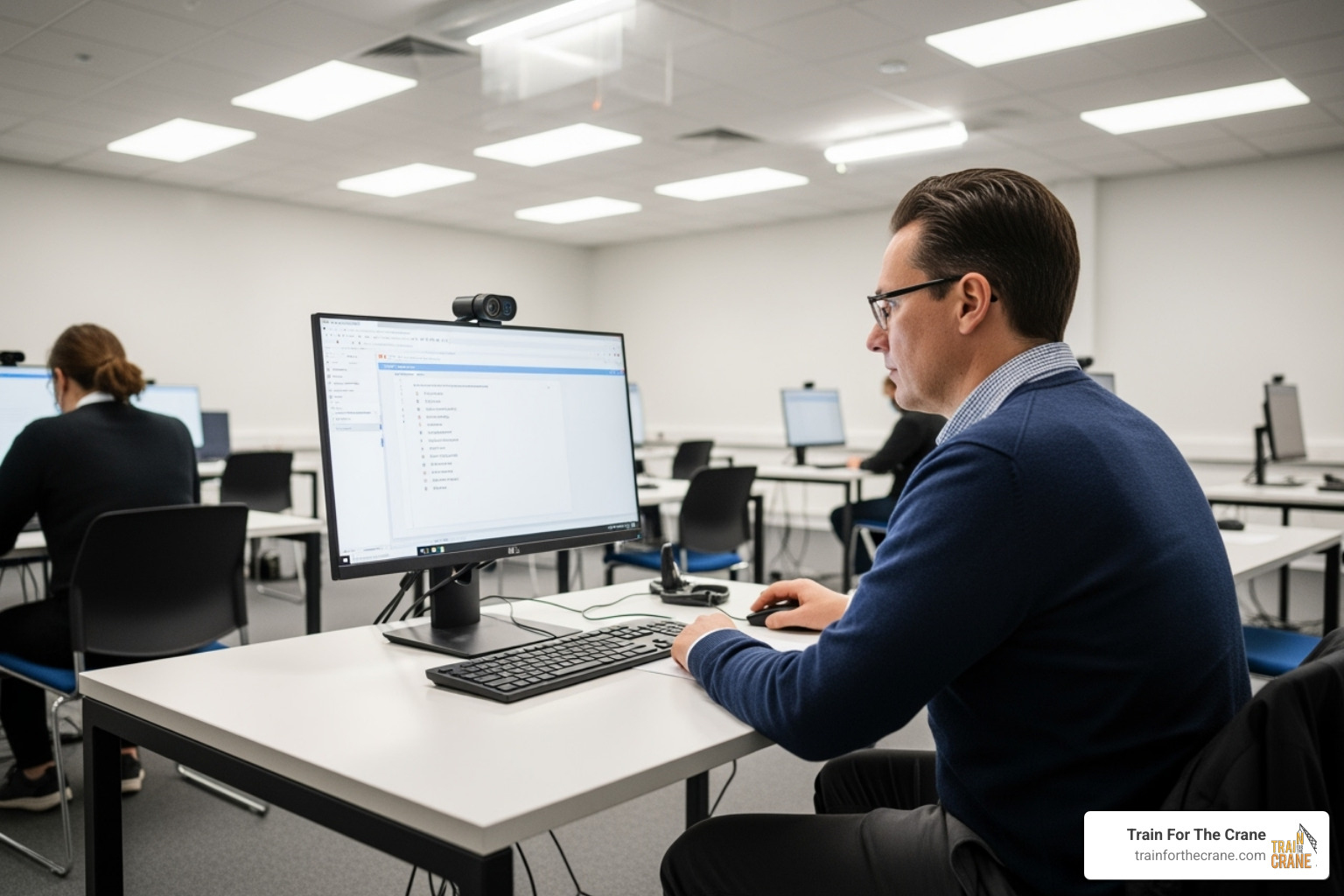 A person sitting at a desk in a clean, professional testing center, looking at a computer screen during an exam - nccco written exam A person sitting at a desk in a clean, professional testing center, looking at a computer screen during an exam - nccco written exam