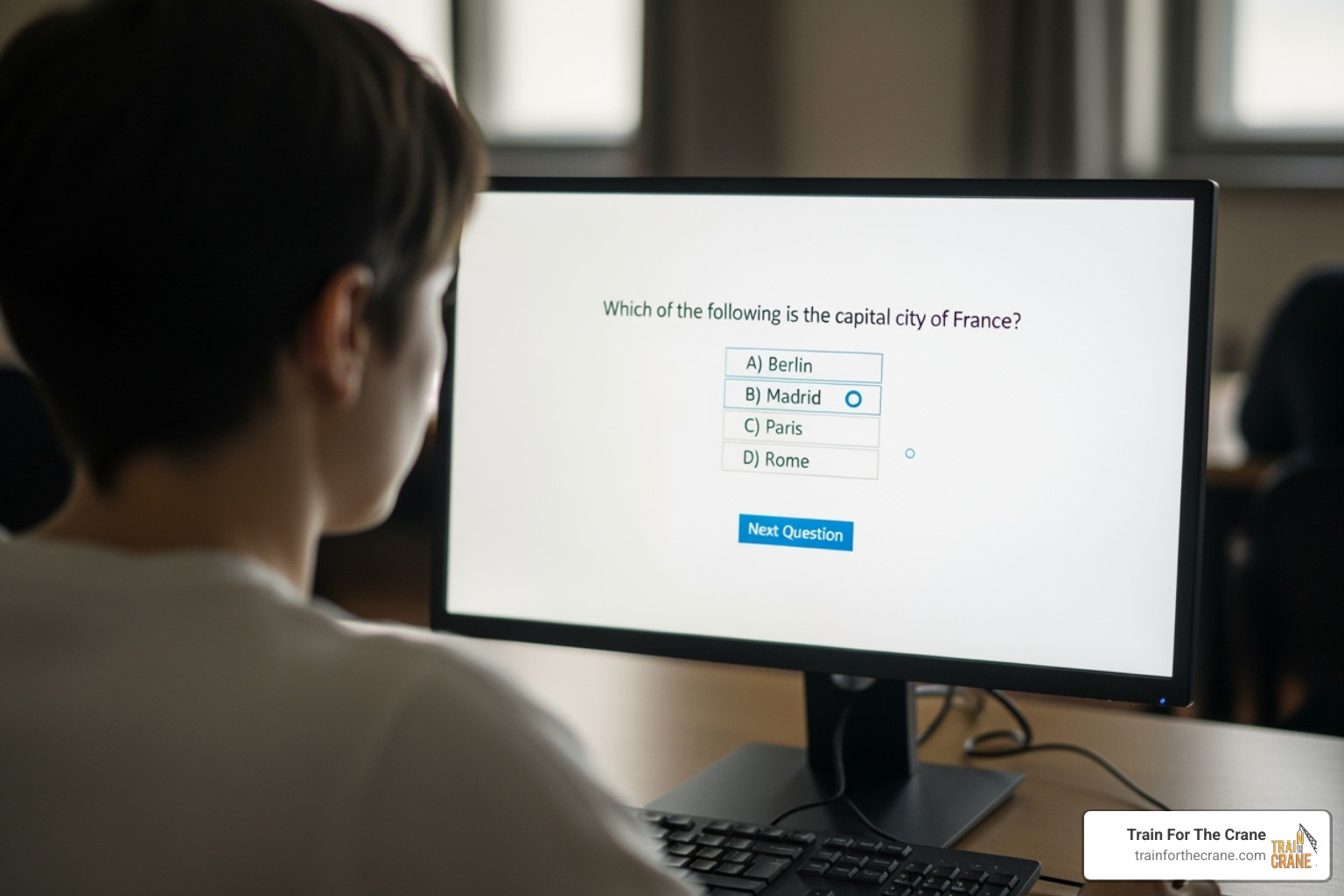 A person taking a multiple-choice exam on a computer screen, with a sample question visible - nccco written exam A person taking a multiple-choice exam on a computer screen, with a sample question visible - nccco written exam