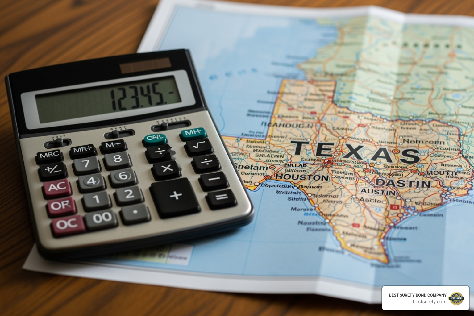 calculator next to a map of Texas highlighting major cities like Houston, Dallas, and Austin - Collection agency bond