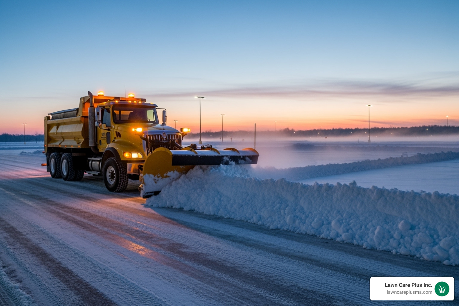 commercial snow plow clearing a parking lot at dawn - landscape and snow removal services near me