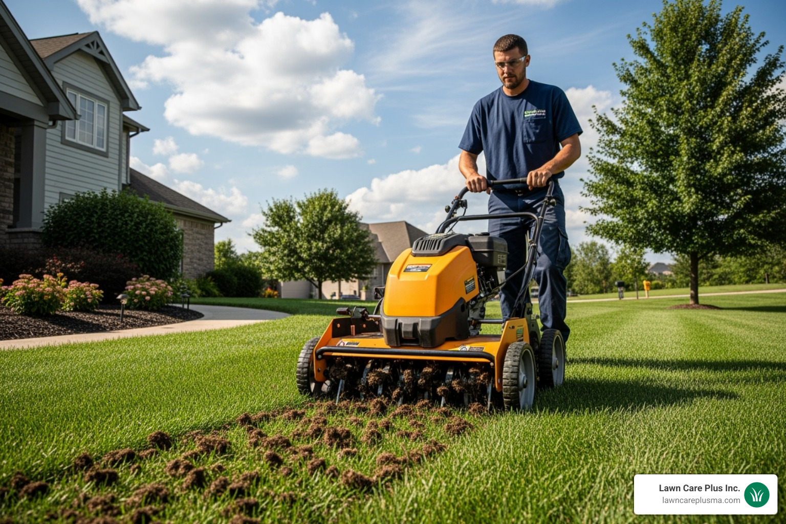 professional landscaper operating an aerator on a suburban lawn - landscape and snow removal services near me