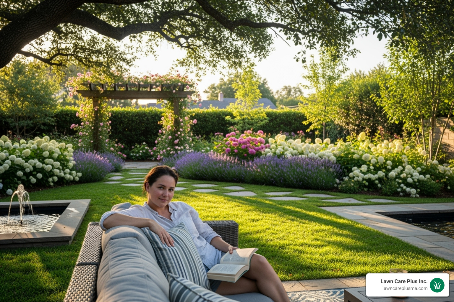 homeowner relaxing in their beautiful backyard - landscape and snow removal services near me