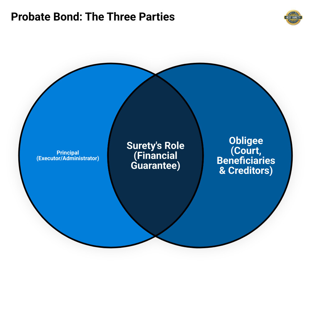 explaining the three parties in a surety bond agreement (Principal, Obligee, Surety) and their roles in the probate process. - Probate bond cost infographic venn_diagram