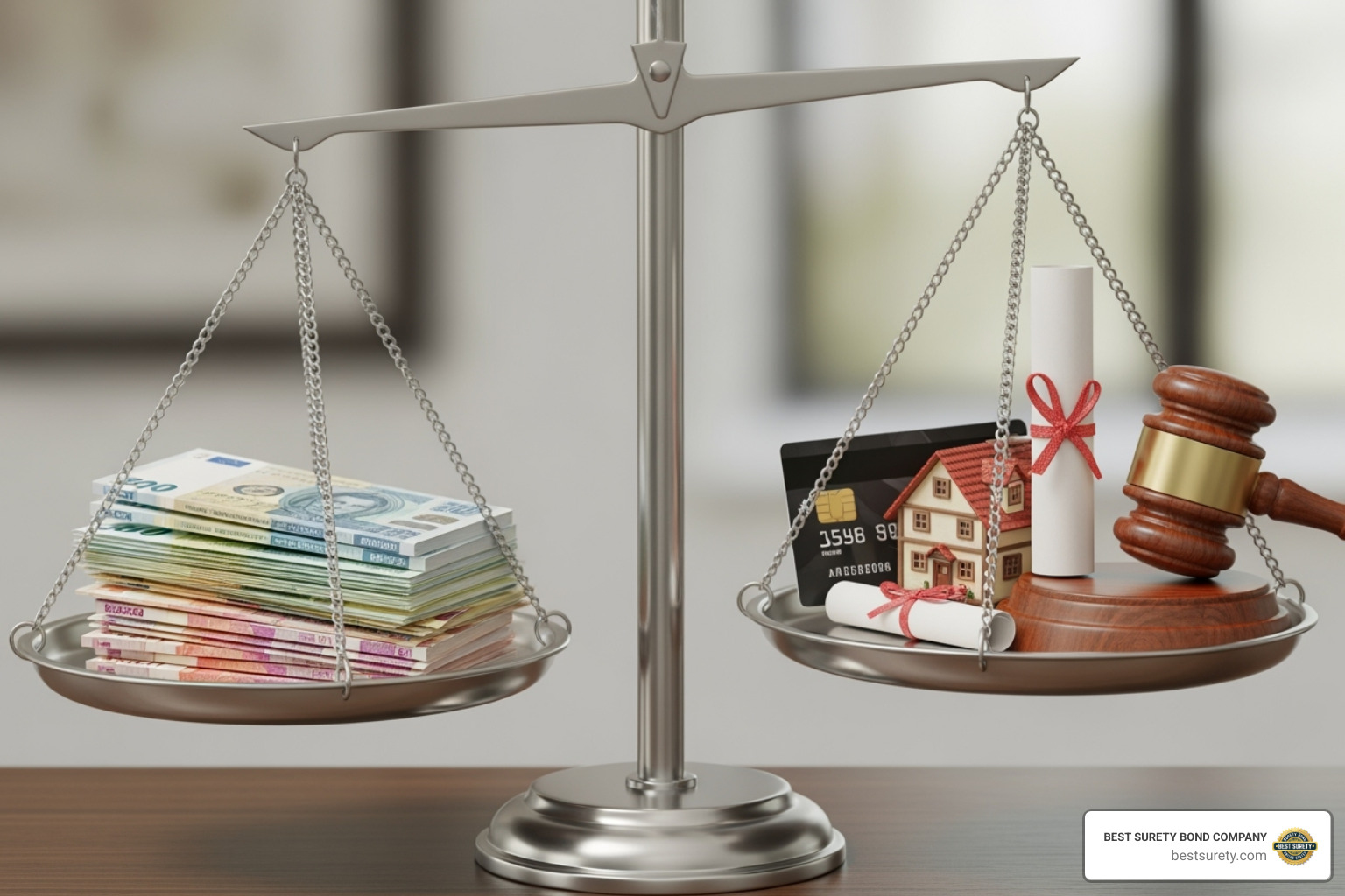 a scale balancing "Bond Cost" on one side and "Credit Score, Estate Value, State Laws" on the other. - Probate bond cost