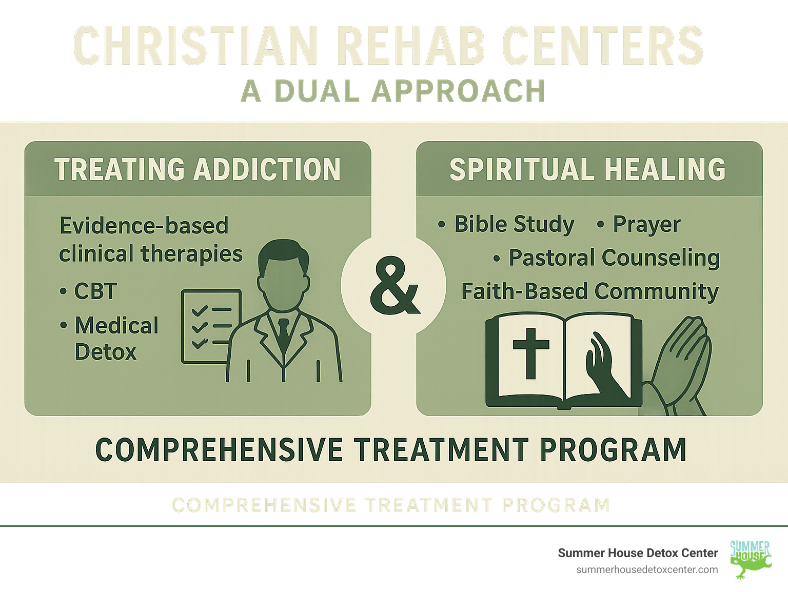 Infographic showing the dual approach of Christian rehab centers: combining evidence-based clinical therapies like CBT and medical detox with spiritual practices including Bible study, prayer, pastoral counseling, and faith-based community support to create a comprehensive treatment program that addresses both the physical addiction and spiritual healing aspects of recovery - christian rehab centers infographic 