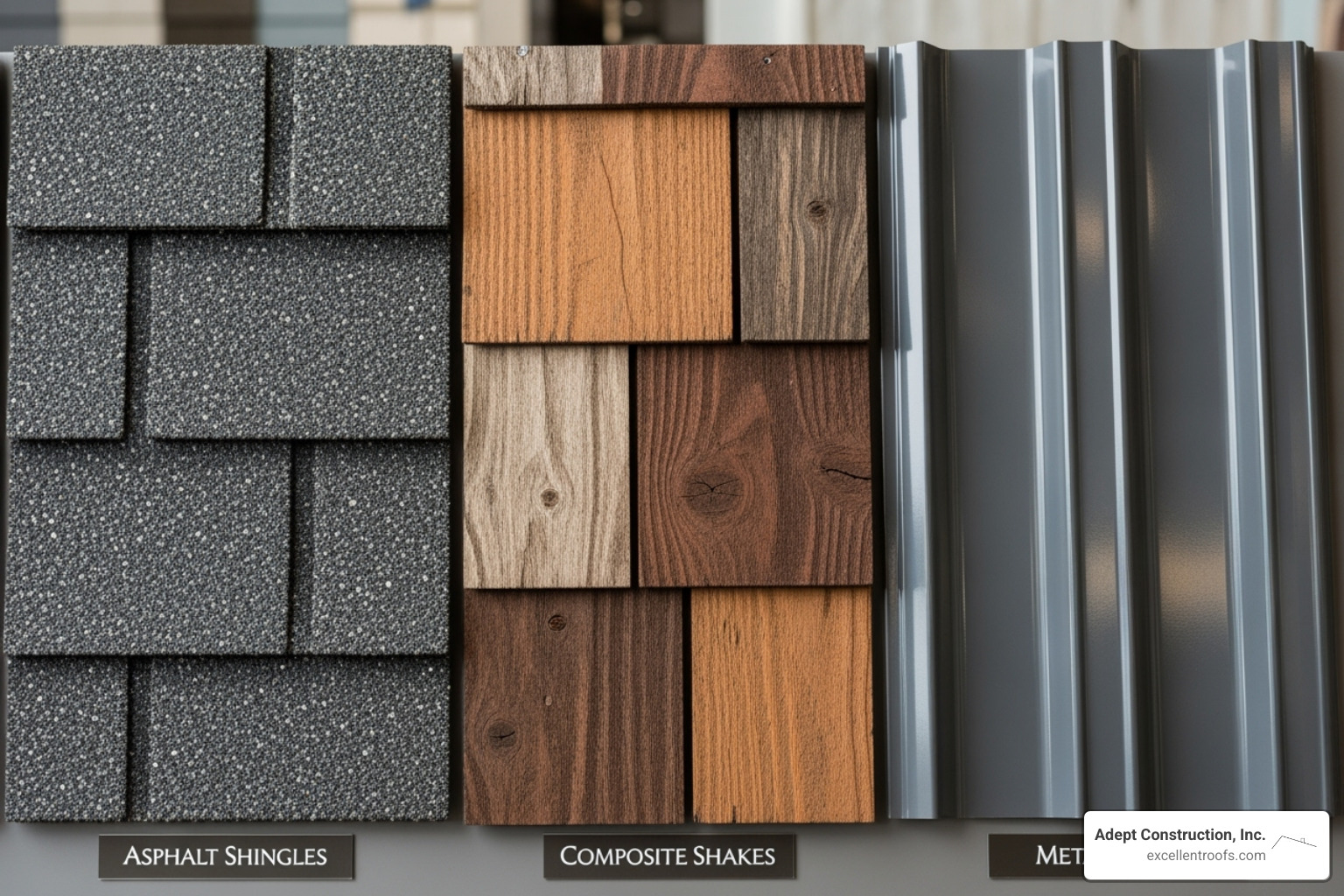Various roofing material samples including asphalt shingles, composite shakes, and metal panels - residential roofing downers grove